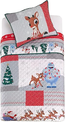 Juego de ropa de cama de Navidad del reno Rudolph de nariz roja, colcha y fundas de almohada súper suaves de 2 piezas, tamaño individual 68" x 86",