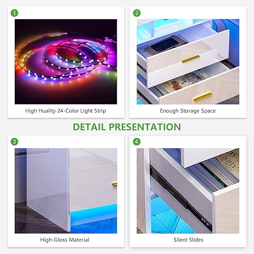 Miniatura 5 de HNEBC Mesita de noche LED, RGB blanco con estación de carga USBinalámbrica, moderna mesita de noche con sensor automático de luces RGB, mesa