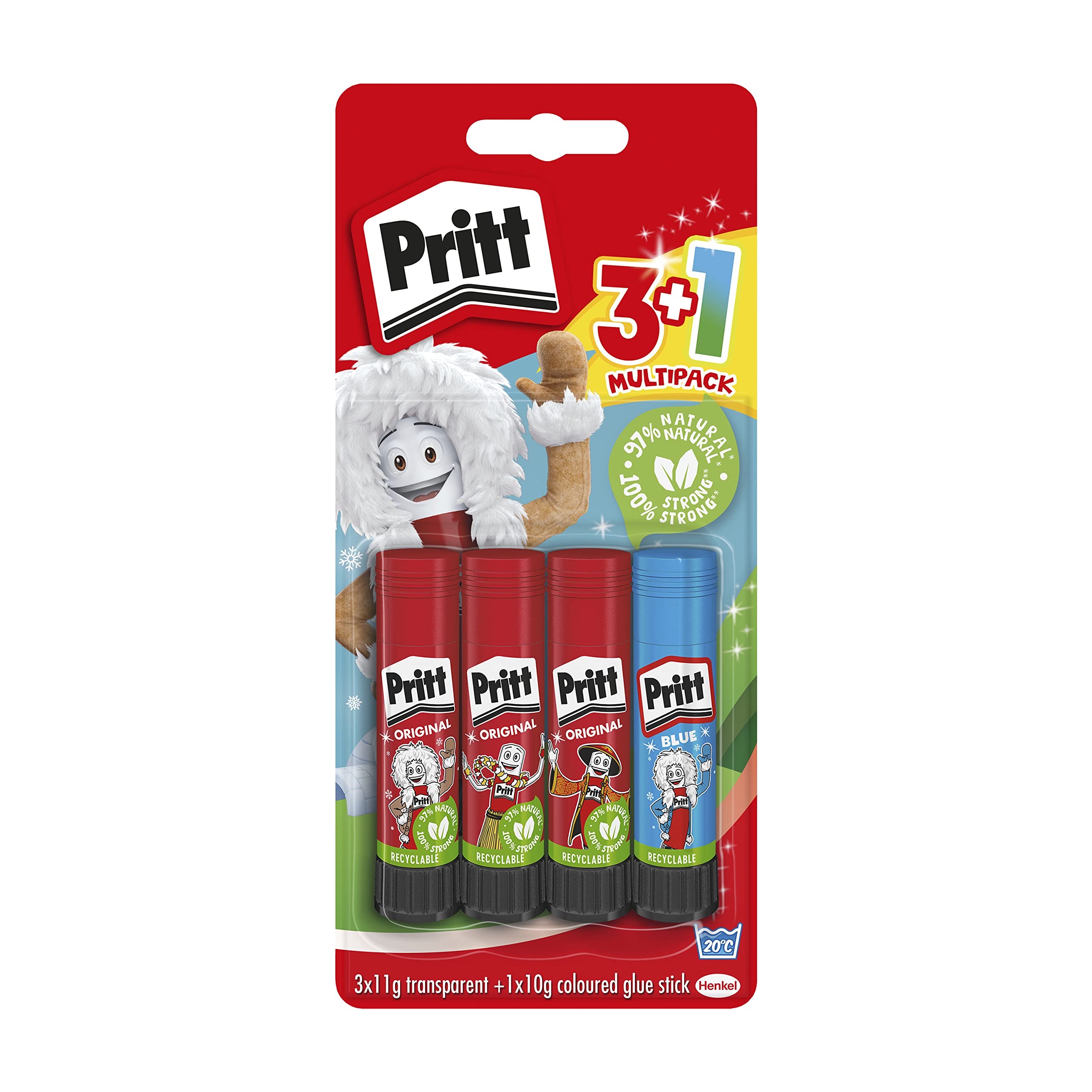 Pritt Glue Stick, Safe & Child-Friendly Craft Glue for Arts & Crafts Activities, Strong-Hold adhesive for School & Office Supplies, 3x11g transparent Pritt Stick + 1x10g coloured glue stick