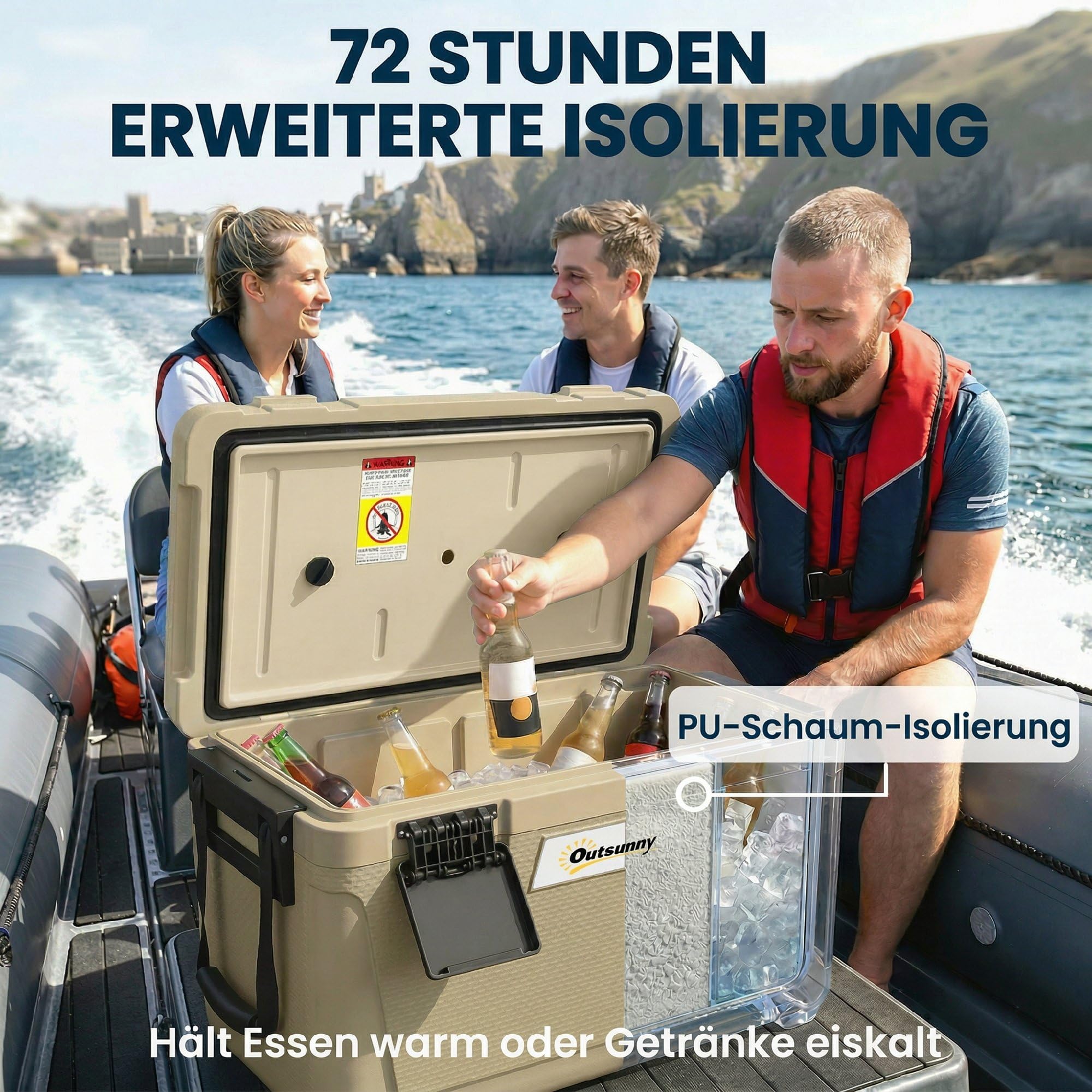 Outsunny Nevera térmica pasiva grande de 42,6 l, hasta 72 horas de refrigeración, con aislamiento de espuma de poliuretano completo, mango de válvula de drenaje, nevera portátil de HDPE, sin