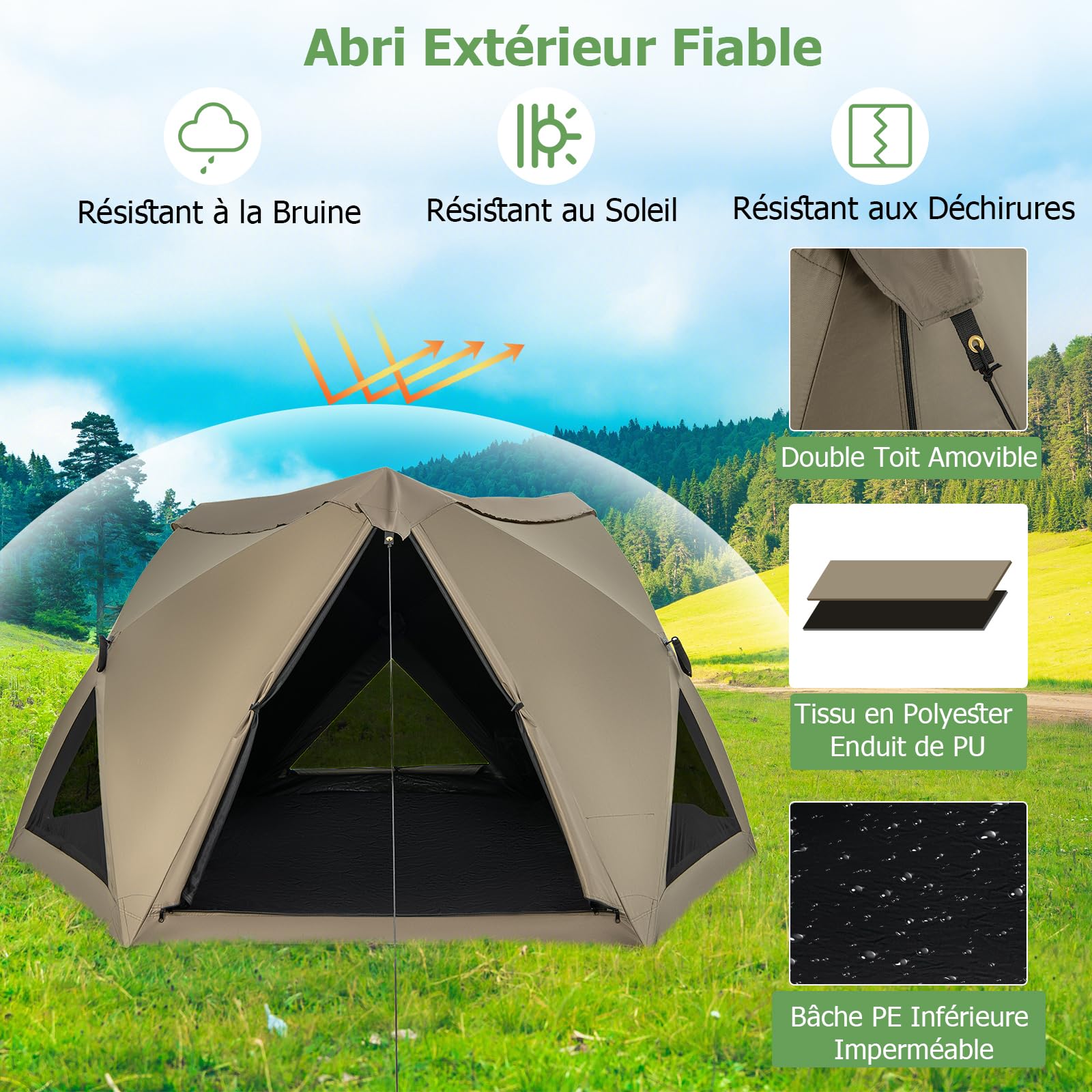 GYMAX Tente De Camping 2 Personnes – Dôme Imperméable Et Coupe-vent, Double Toit Amovible, Fenêtres En Maille, Légère Et Portable