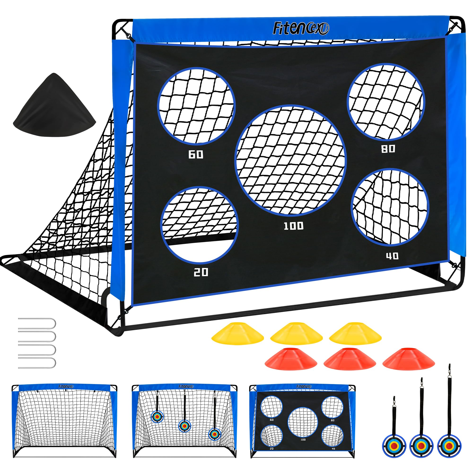 Fitencexu Fußball Tore, Torwand für Kinder Fussballtor Kinder Outdoor mit Torwand 3 In 1 Pop Up Tor mit 5 Schussloecher und Tragetasche, Bodennägeln,3 Zielscheiben & 6 Hindernisse (Blua)