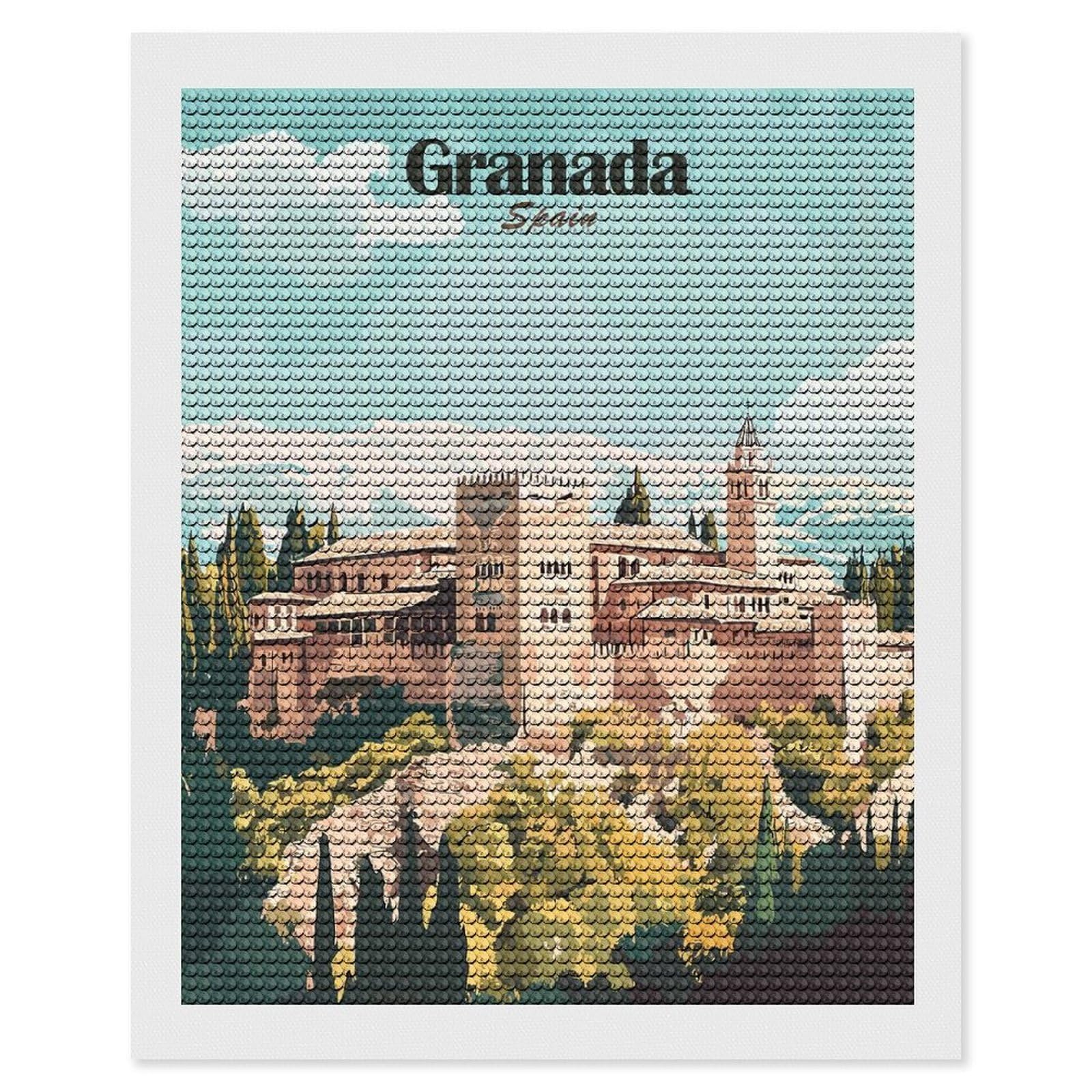 Junmoney Granada Spain Travel Diamond Art Kit 16"x20", Bedroom Decor, Adhesive Canvas, Full Kit Included, Thoughtful Present, Birthday Gift