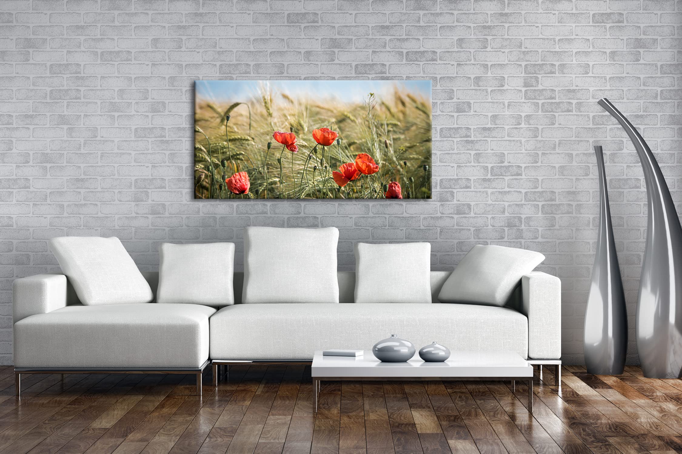 Leinwandbild Zarte Mohnblumen im Getreidefeld – Poesie der Natur Panorama Format: 120x60 cm XXL Kunstdruck Bild auf Keilrahmen/Wandbild/Wohnzimmer Deko