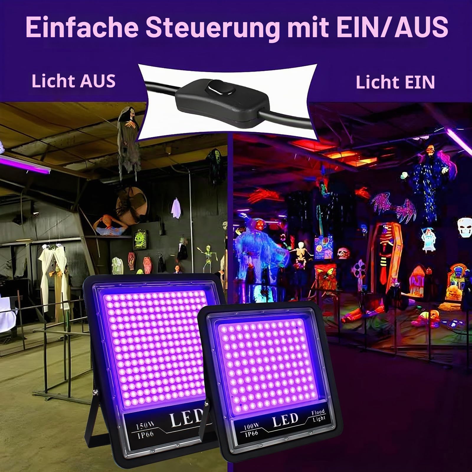 Eleganted 2pcs 150W LED UV Schwarzlicht Violettes LED Strahler Flutlicht Partylicht Bühnendekoration Licht, IP66 Wasserdicht Schwarzlichtlampe für Halloween Aquarium Konzert Party Band Leistung