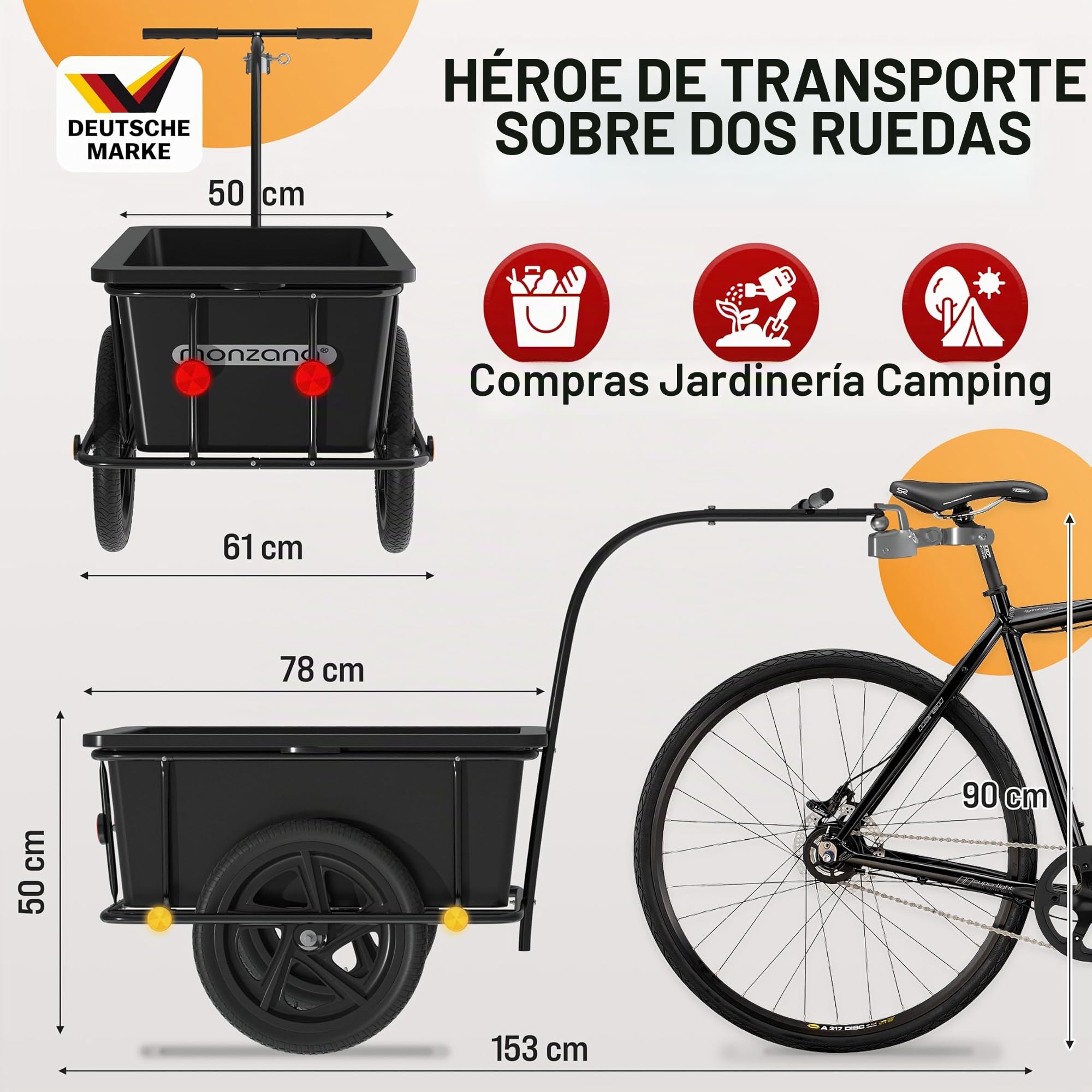 MONZANA® Remolque para Bicicleta 90L Carga 80Kg Incl.Acoplamiento Cesta extraíble Bici Lona Equipaje Compras
