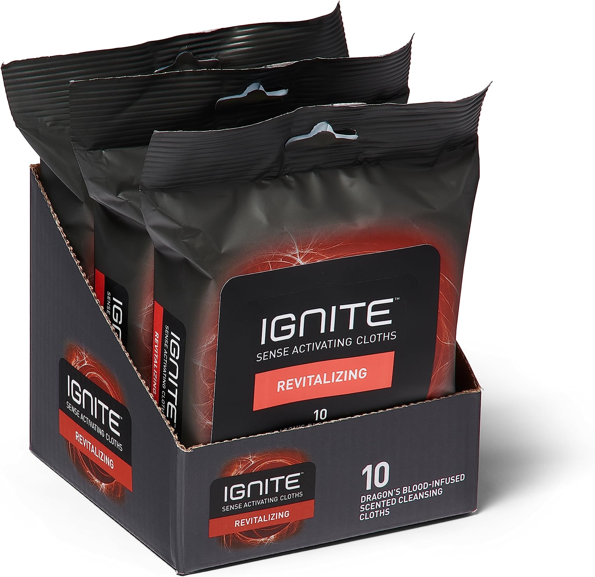 Ignite Mens Body Wet Wipes, Extra Thick 8" x 8" Shower Wipes, Revitalizing Scent, 10 Count (Pack of 3)