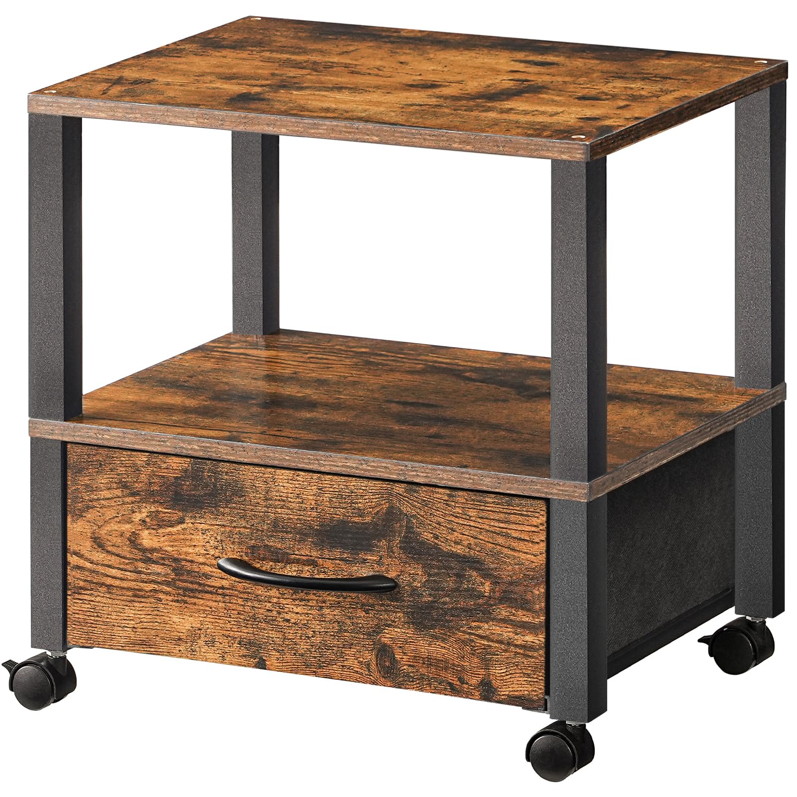 HOOBRO Printer Stand with Storage, Under Desk Printer Table, Printer Cart with Drawer and Shelves, Rolling Small Printer Stand on Wheels, for Office, Rustic Brown and Black BF39PS01