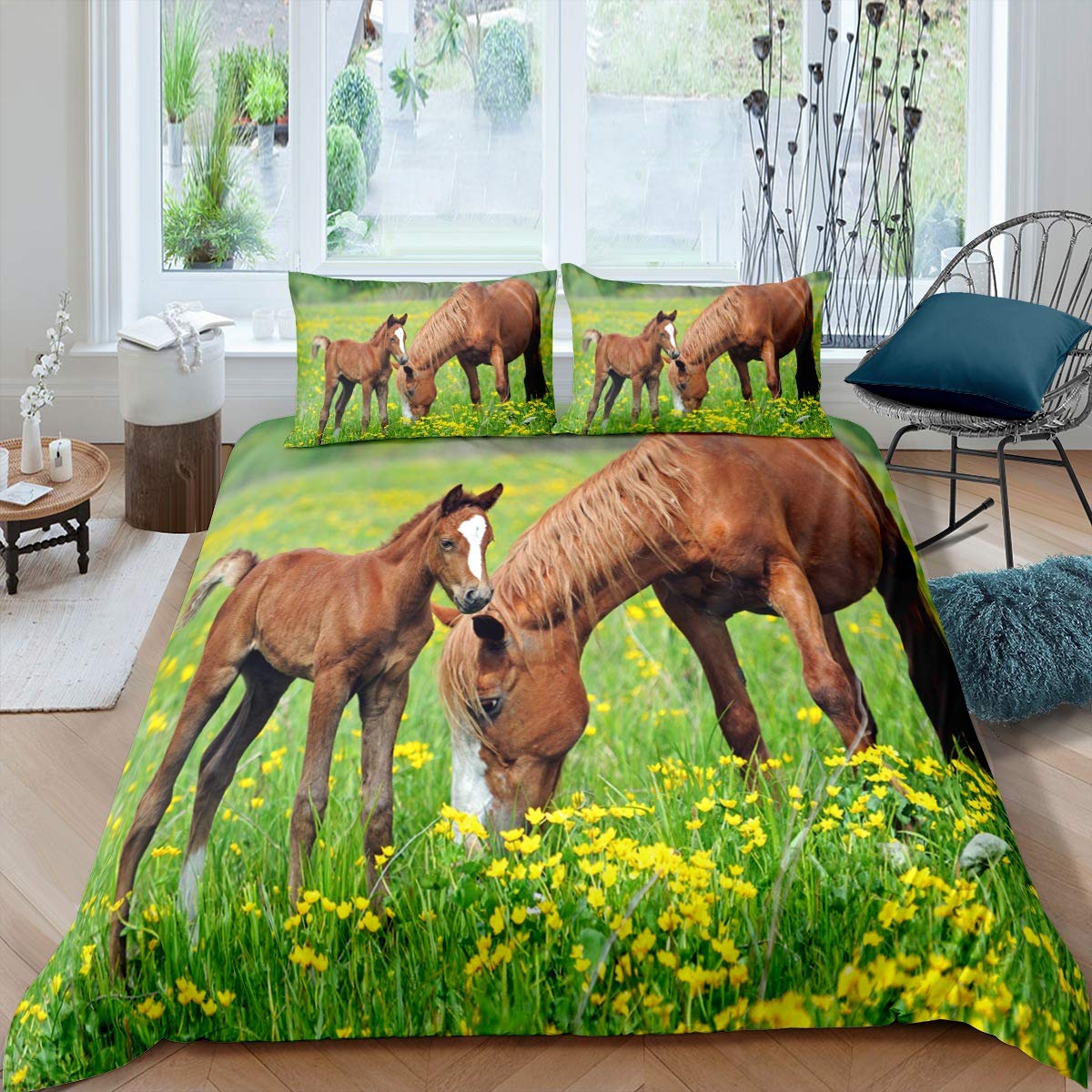 Loussiesd Boys Multicoloured 17 Horse Single Size Duvet Cover And 1 Pillowcase Spring Theme Bed Set Bedding 2 Pieces