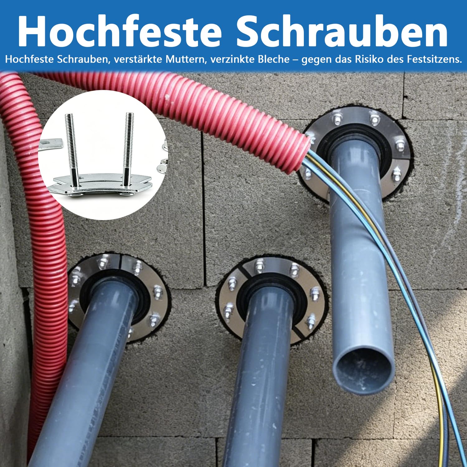 Mauerdurchführung Ringraumdichtung für Kabel und Rohr, Passend für Leitungsrohr 120-130mm & Kabel bis 0-75mm, Gummi Dichtung mit Verzinkter Stahlplatte, Für Stromkabel, Einfache Abdichtung