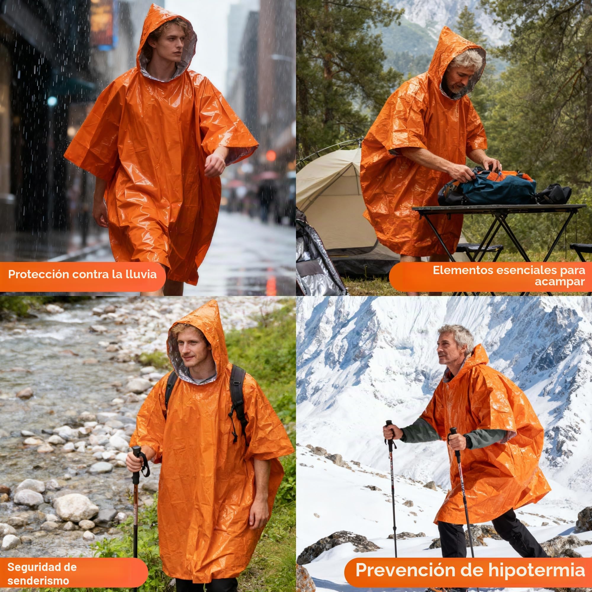Deecam Poncho Supervivencia 4 Piezas Naranja Impermeable Senderismo