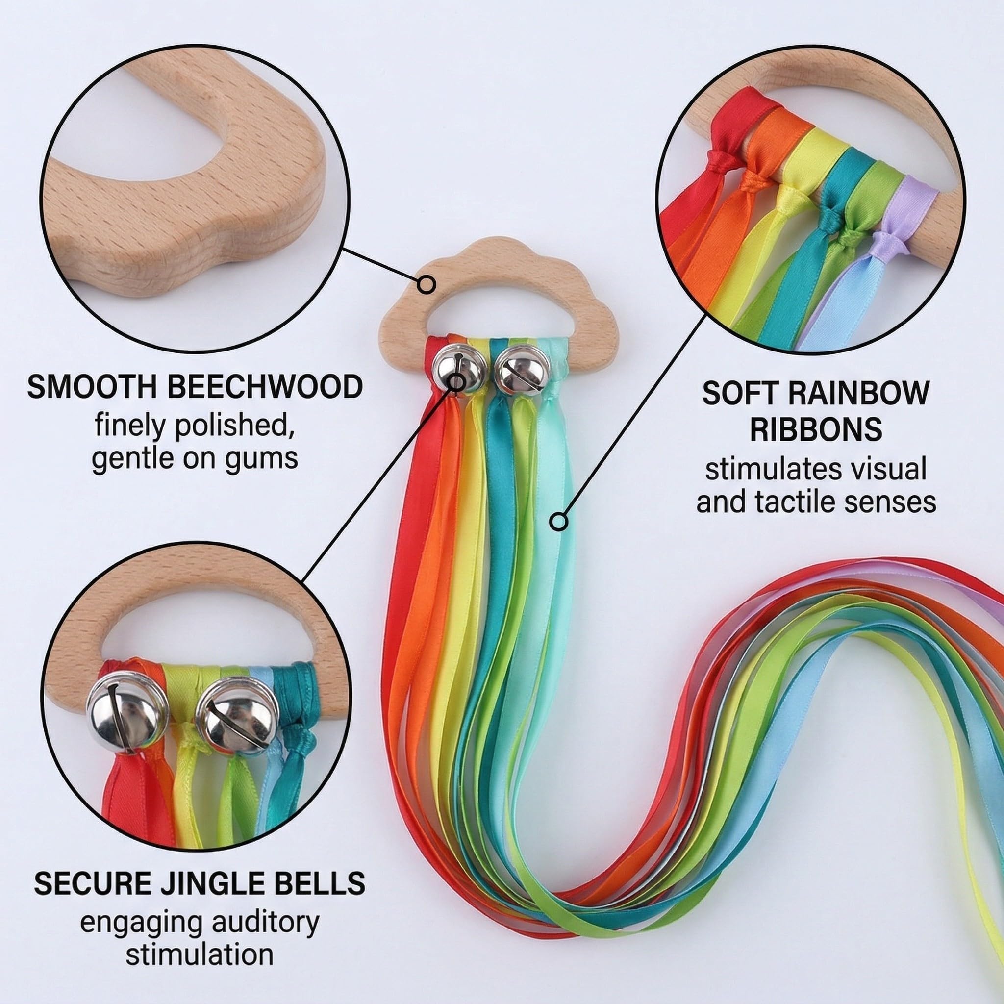 Juguete Educativo Bebé Con Cinta Arcoíris Y Cascabel | Campana De Mano De Madera | Estimulación Sensorial Y Motricidad | Multicolor