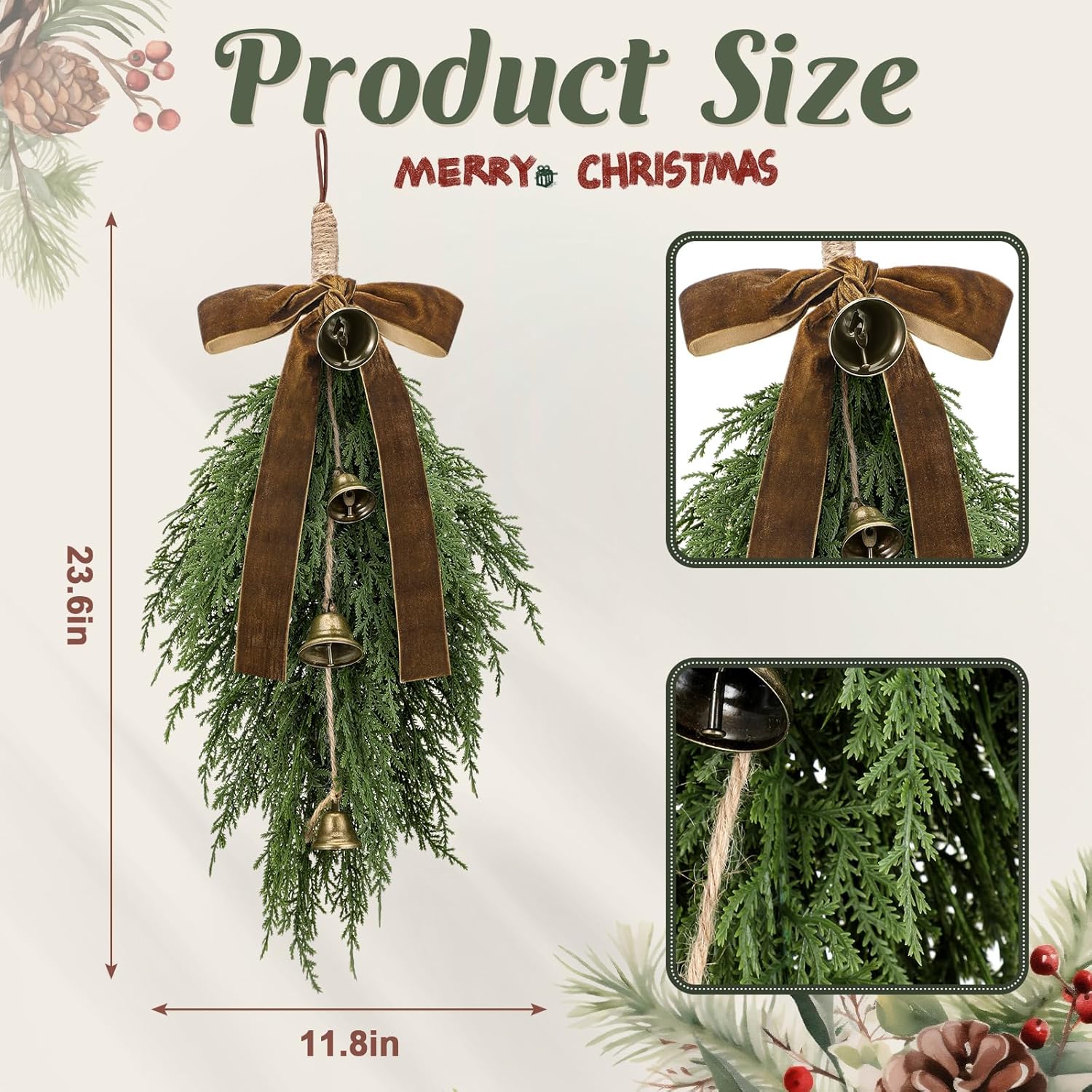 Shihanee 2 Pack Christmas Greenery Cedar Teardrop Swag with Velvet Ribbon Bow and Rustic Vintage Bells - Artificial Swag Wreath for Tree Outdoor Front Door Farmhouse Home Wall Mantle Decor(Khaki)