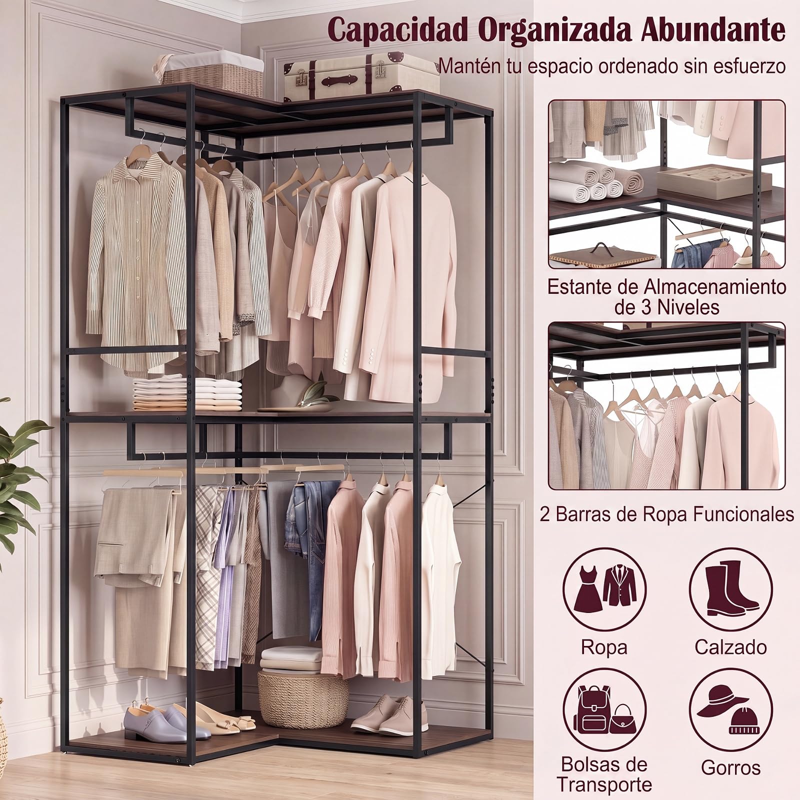 GYMAX Perchero de Pie en Forma de L, Guardarropa de 3 Niveles Independiente con Estantes Abiertos, Barras para Colgar, Estructura Metálica, Armario Organizador de Ropa Esquinero para Salón Dormitorio