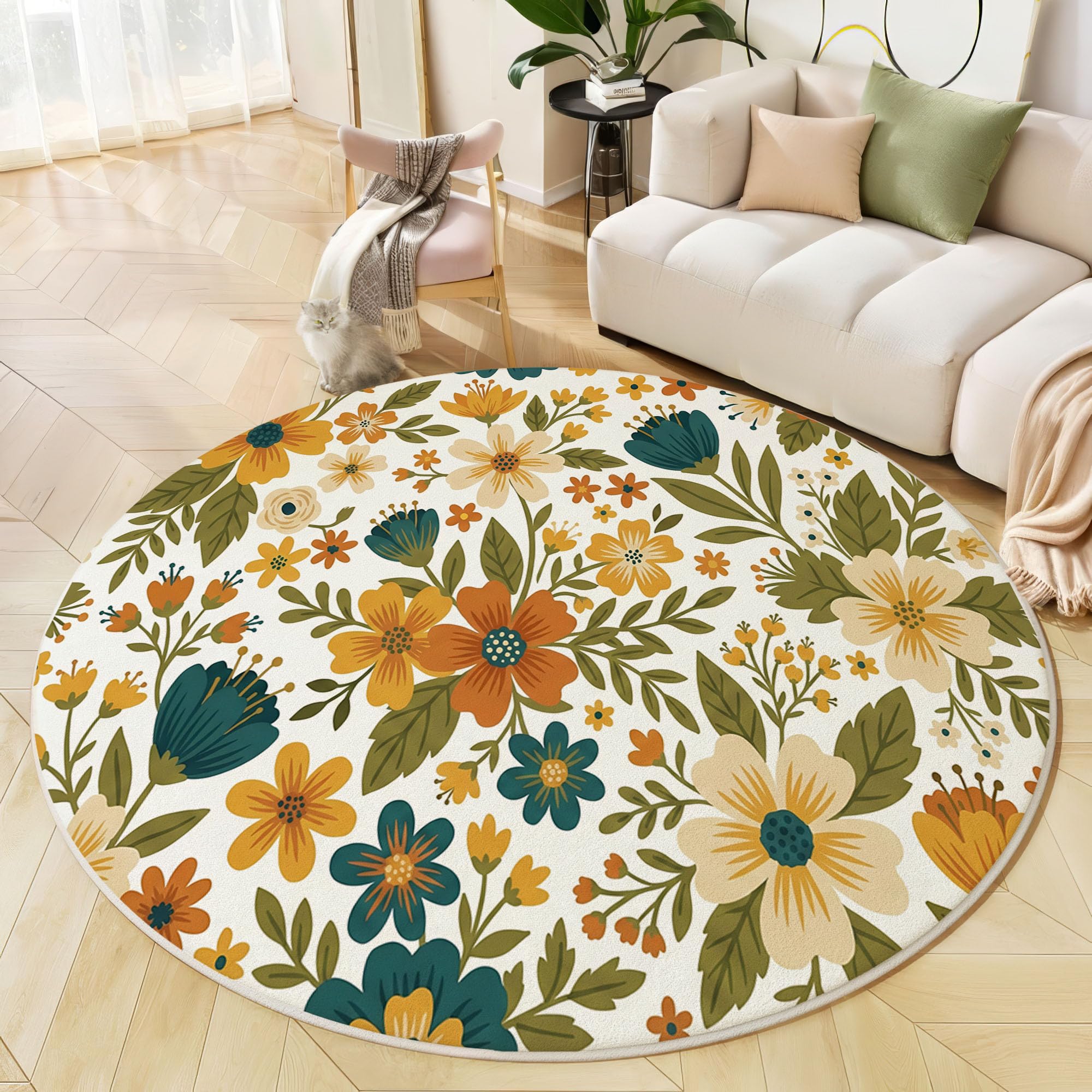 Tapis rond 160 cm motif botanique beige lavable et antidérapant pour salon