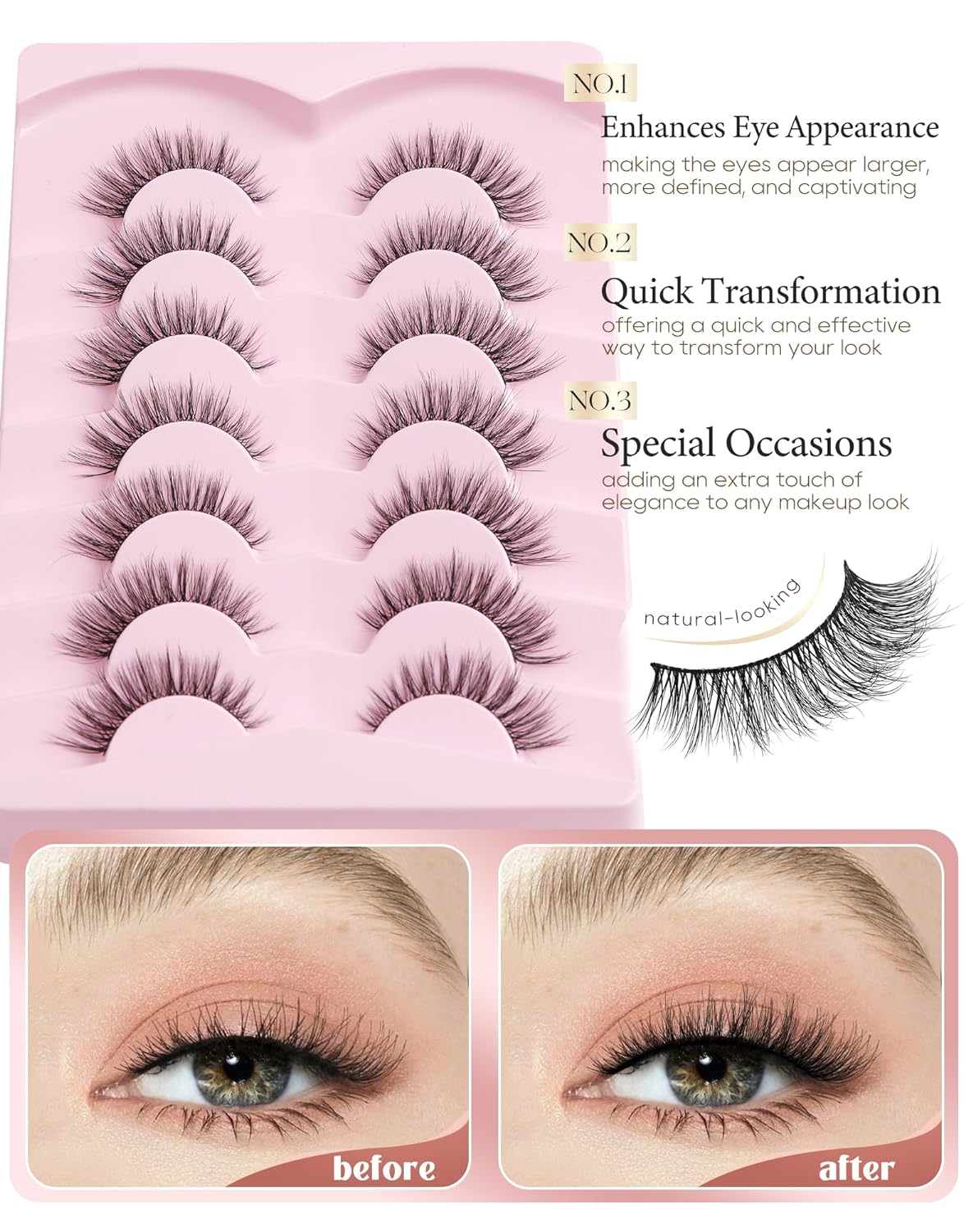 Onlyall Natural Lashes Wispy Lashes Natural Look False Eyelashes Flared Eyelashes 7 Pairs D-K06