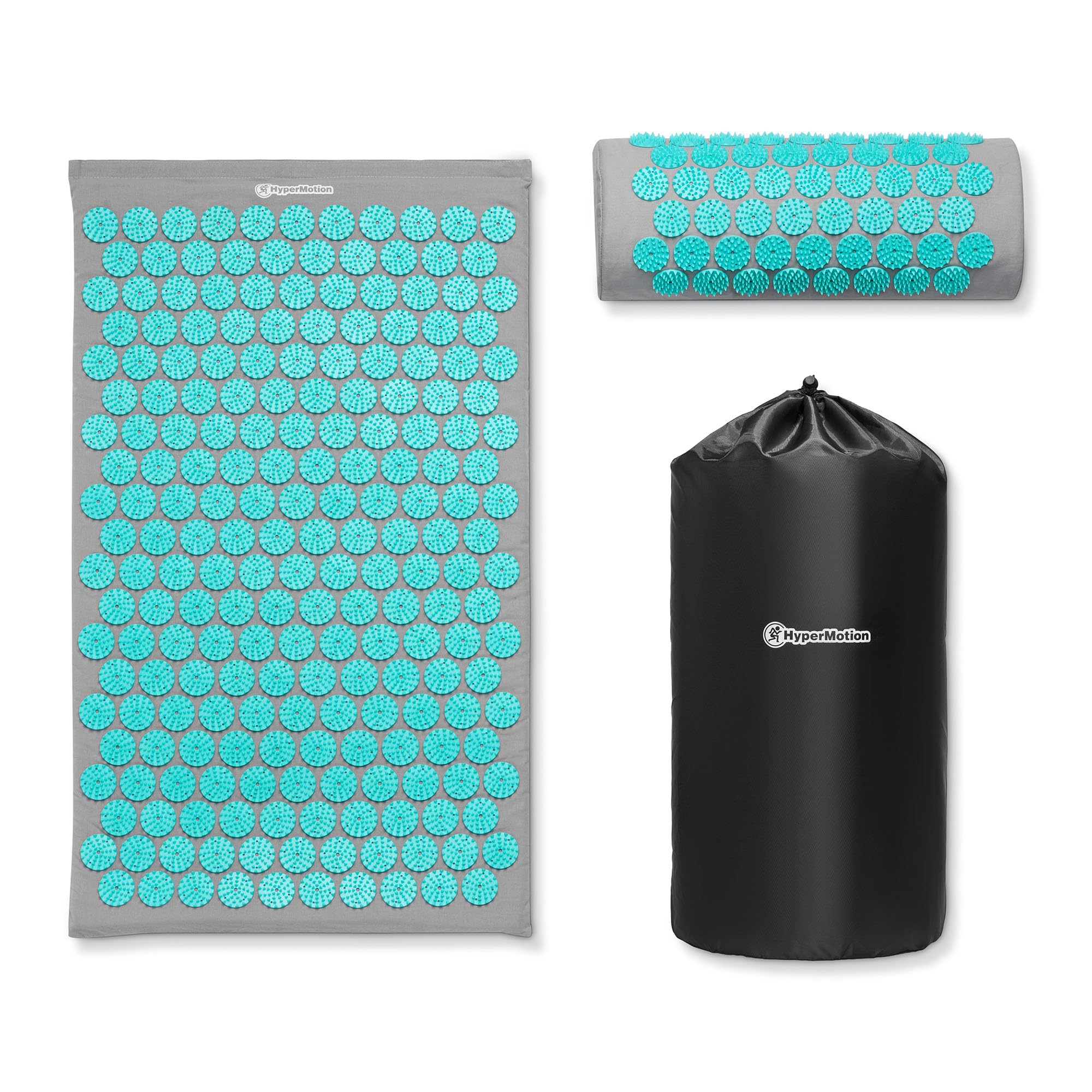 HyperMotion Akupressurmatte mit Kissen Eco - Akupunktur Matte - Massagematte Ganzkörpermassage, Akupressurmatte Set für Entspannung, Kokosfaser und Buchweizen, Grau-Mint, 72 x 42 x 2 cm