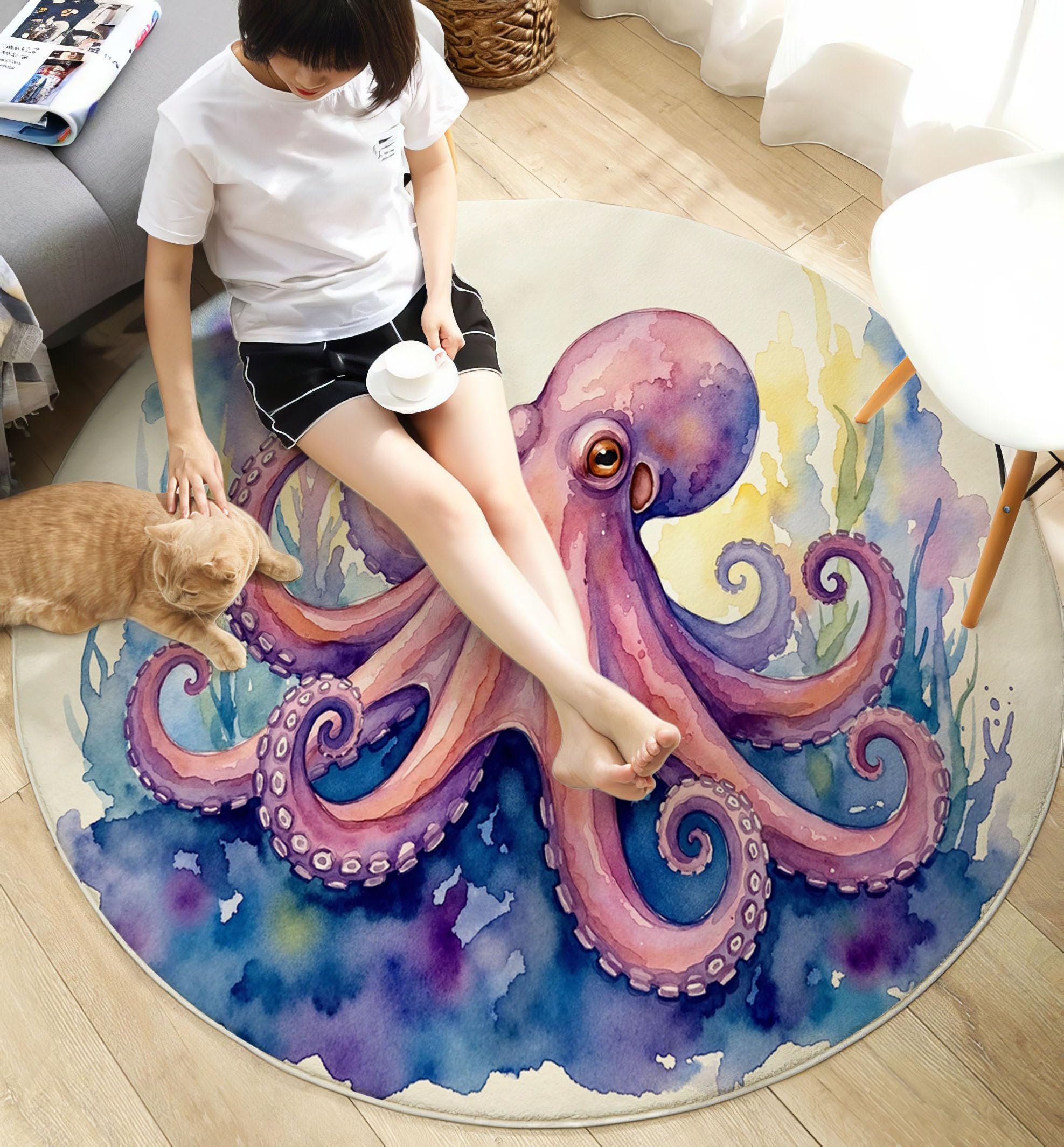 Tapis Rond 160cm Poulpe Algues pour Chambre, Océan Aquarelle Animal Rond Tapis Antidérapant Lavable en Machine Cuisine Salon Adulte Interieur Bureau Cuisine Decoration