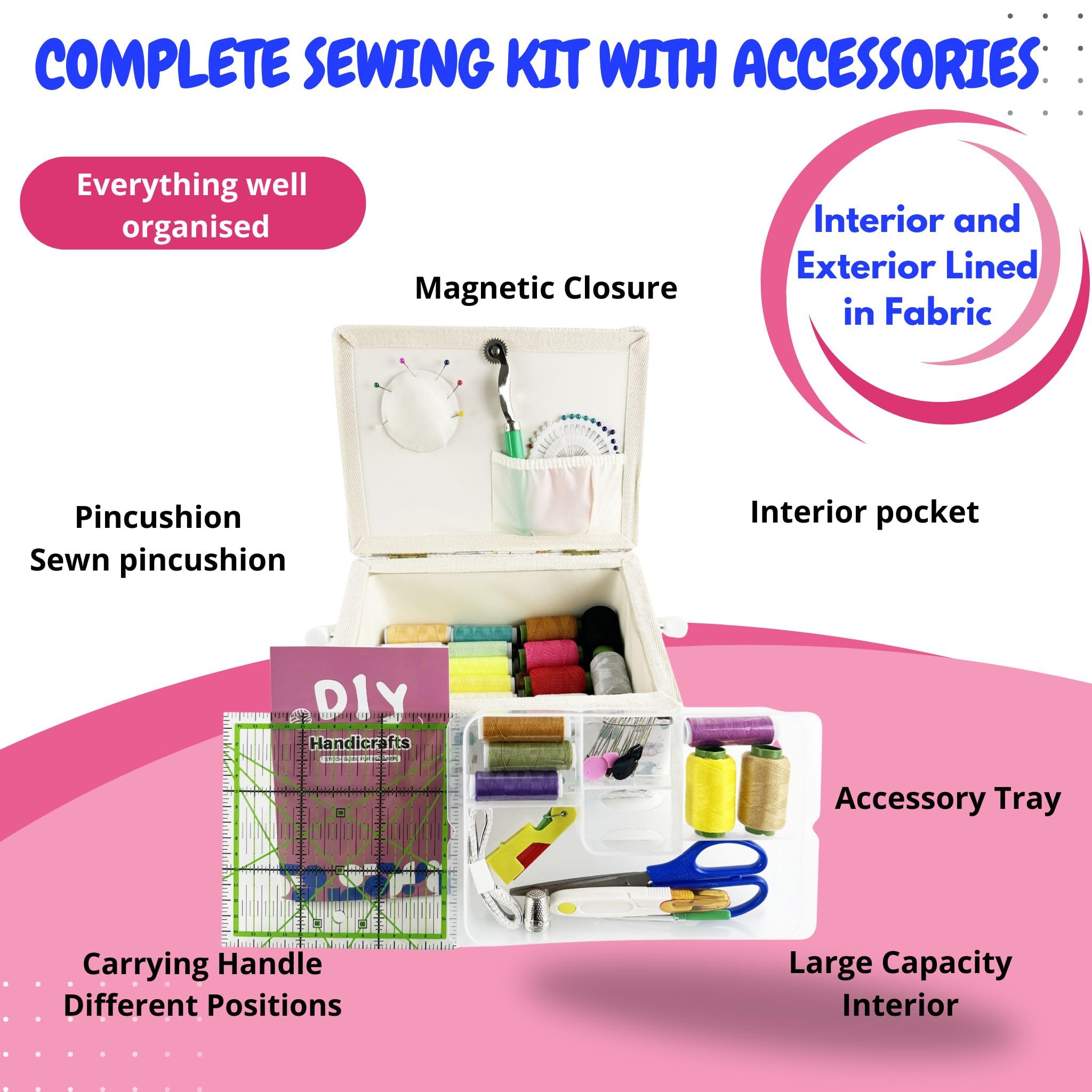 SusggO 140 pezzi da cucito con accessori e guida basica punti. Cucito Legno foderato Tessuto Cucito Accessori Kit Cucito per Adulti Scatola Cucitura Regole di Cucito Modello Patchwork (BIANCO)