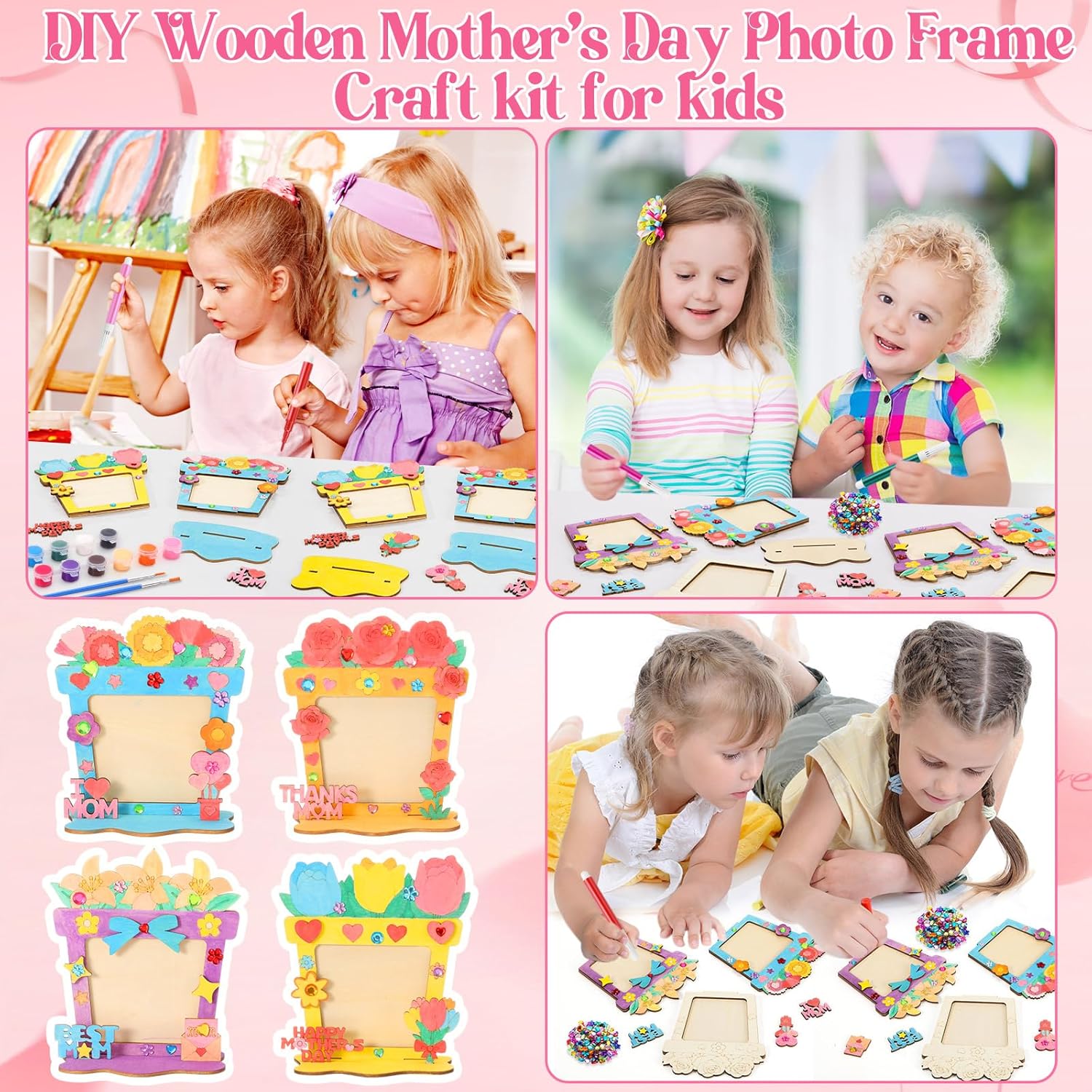 Blueweenly 12 Set Mother's Day Crafts Kit DIY Picture Frames with Small Wooden Signs Paints Diamond Stickers Color Your Own Wood Frame Gifts for Mother's Day Craft Activities Art Project