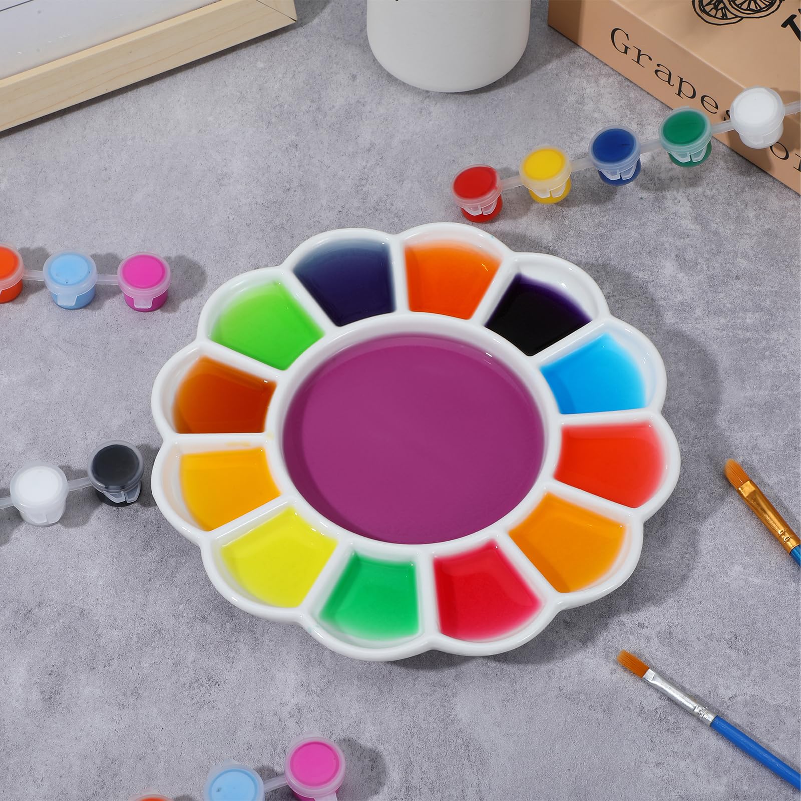 13-Well Porcelain Artist Paint Palette, Mixing Ceramic Watercolor Palette, Mixing Tray For Watercolor Gouache Acrylic Oil Painting 8 Inch