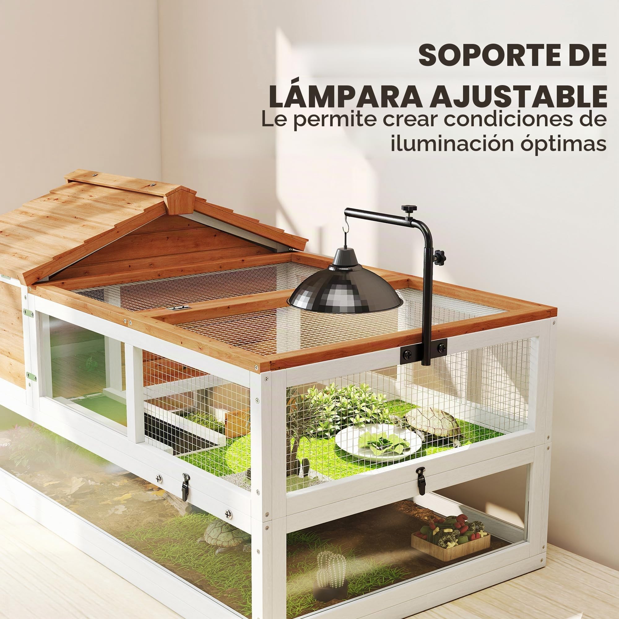 PawHut Casa para tortugas de madera con dos casas principales, soporte para lámparas, jaula de reptiles para exteriores, terrario para tortugas, reptiles, 116 x 70,5 x 69,5 cm, naranja