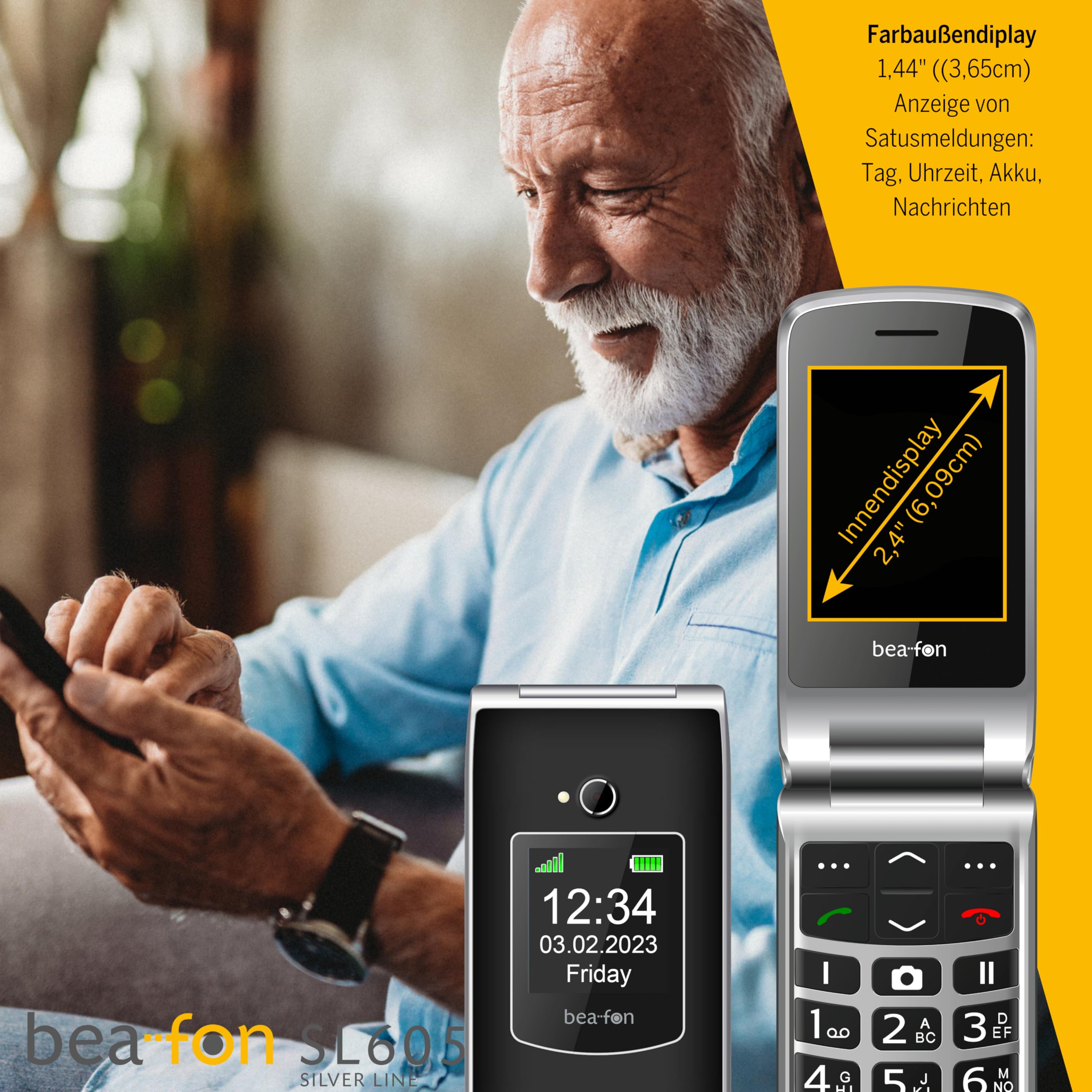 Beafon, SL605, Silverline, Klapphandy, Seniorenhandy mit SOS Notruftaste, Handy, Tastenhandy, iP54, Farbinnendisplay 2,4" (6,09cm) / Farbaußendisplay 1,44" (3,65cm)