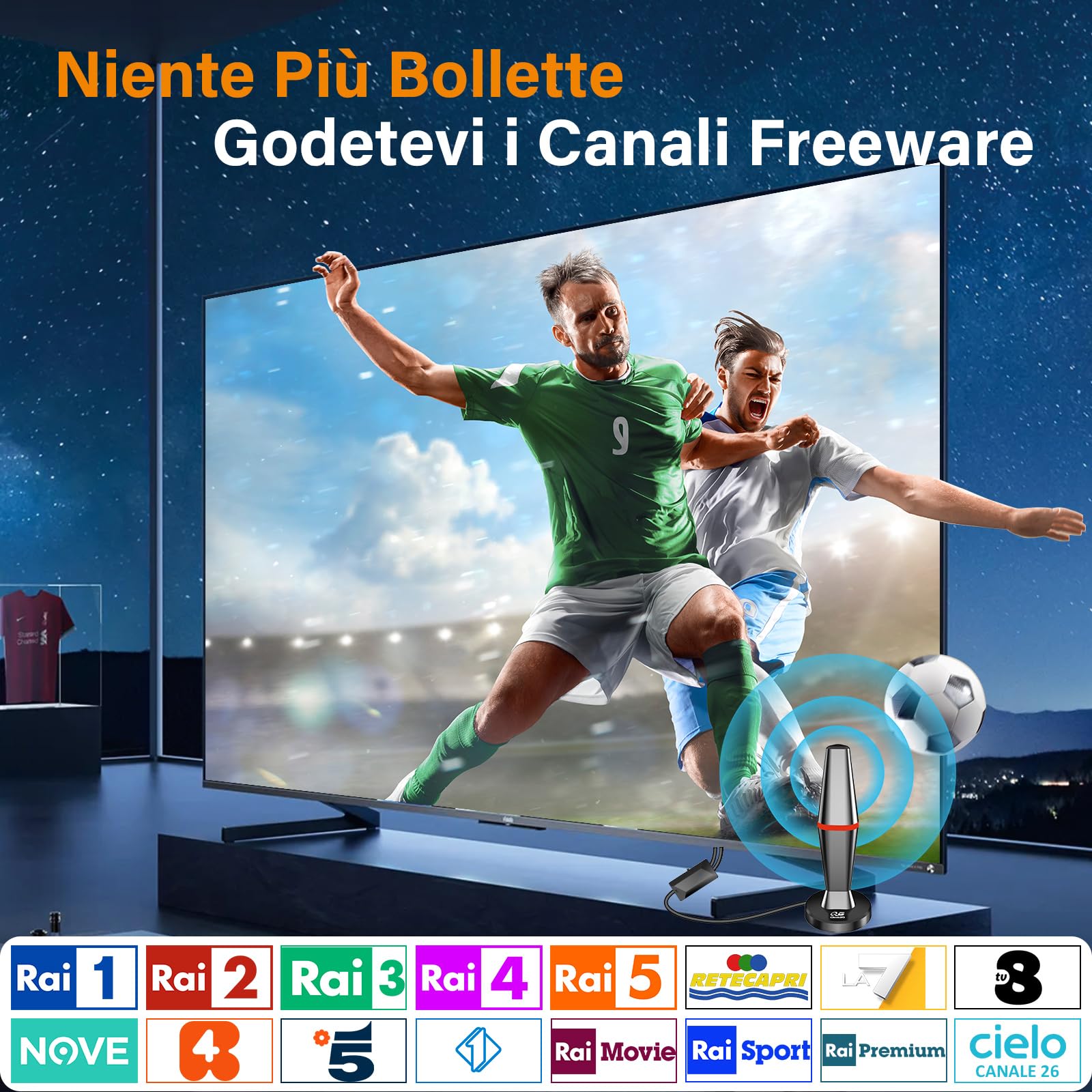 Antena de TV interna amplificada con base magnética, recepción 360° DVB-T