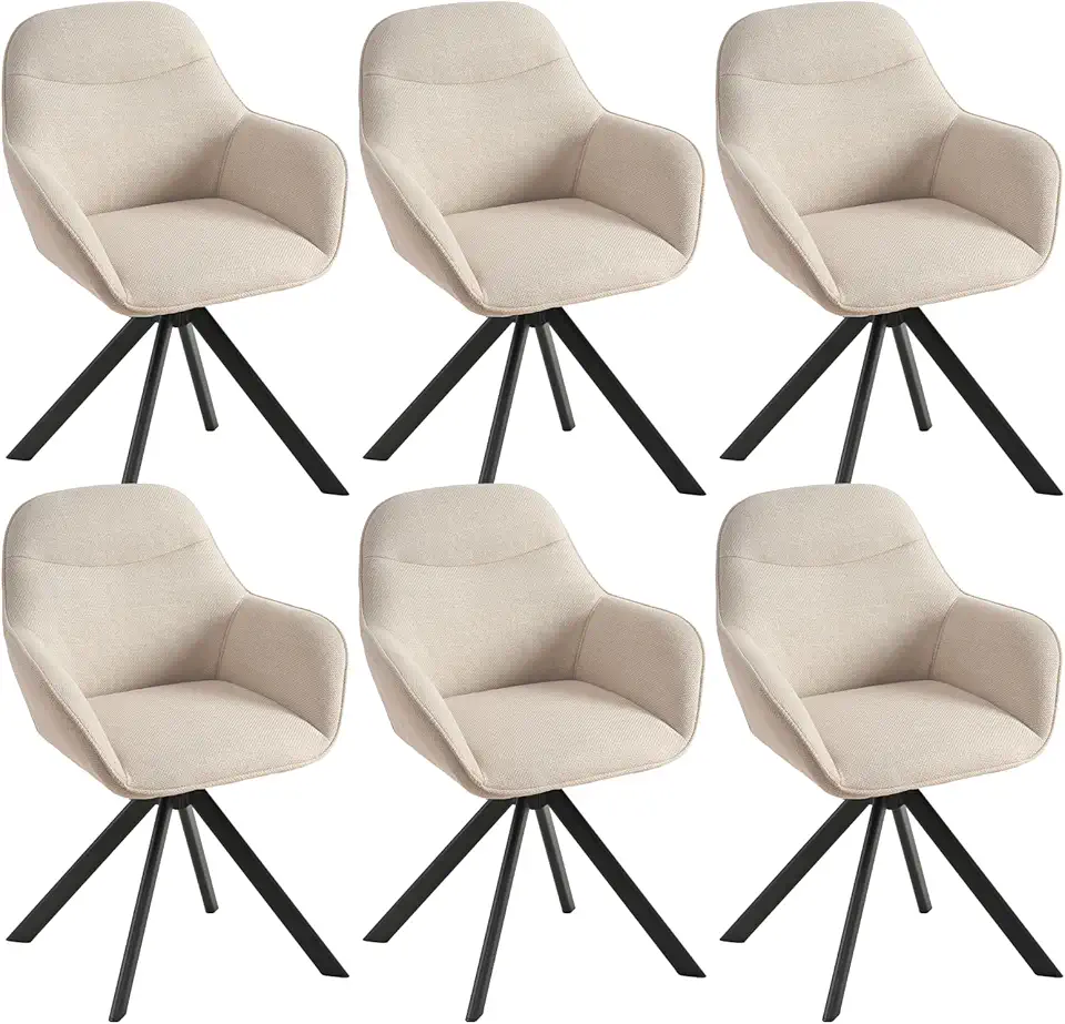 Lot de 6 Chaises Pivotante 360°, Chaises Beige Salle à Manger avec Accoudoirs, Chaises Fauteuil Rembourrées en Lin avec Pieds en Métal pour Cuisine Salon