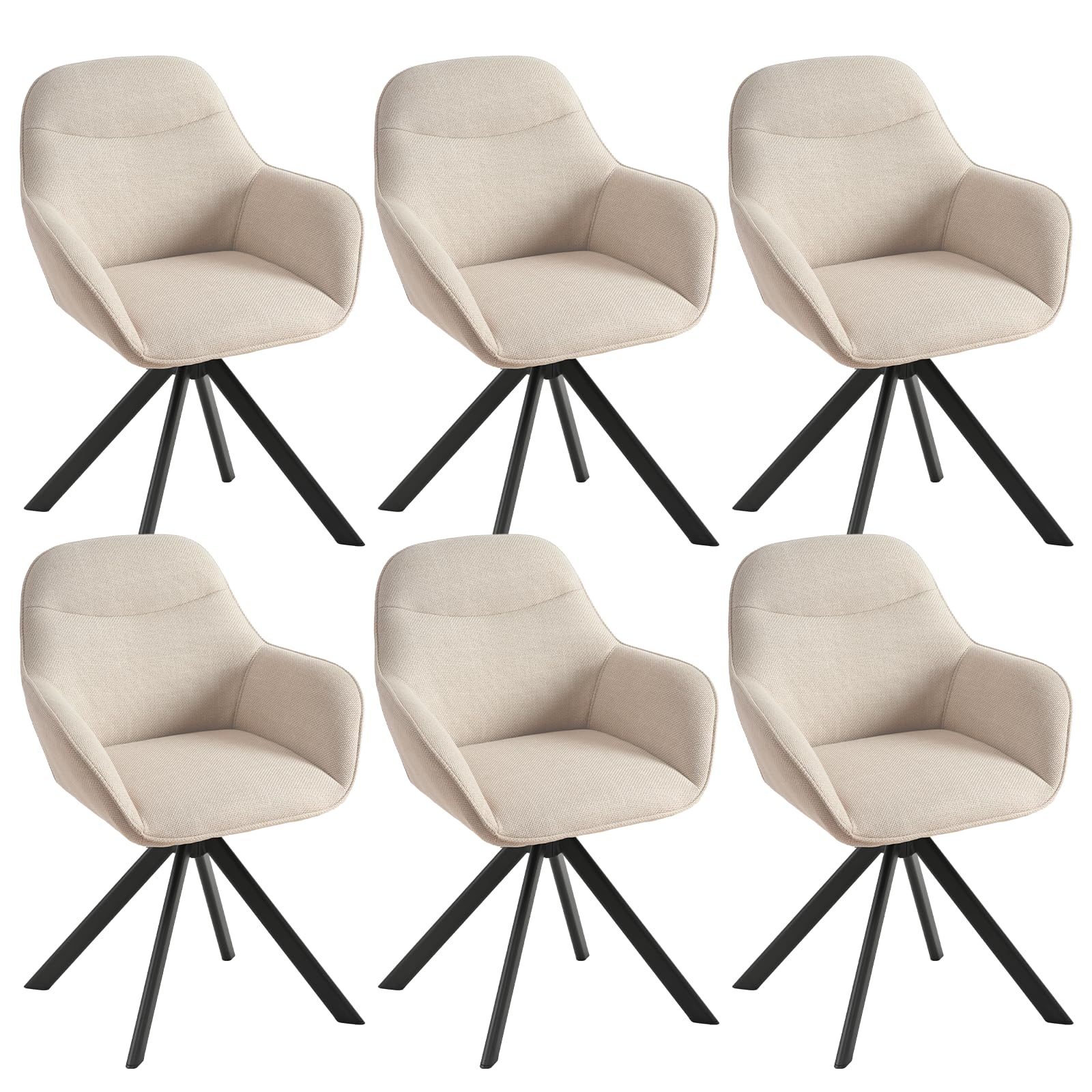 Lot de 6 Chaises Pivotante 360°, Chaises Beige Salle à Manger avec Accoudoirs, Chaises Fauteuil Rembourrées en Lin avec Pieds en Métal pour Cuisine Salon
