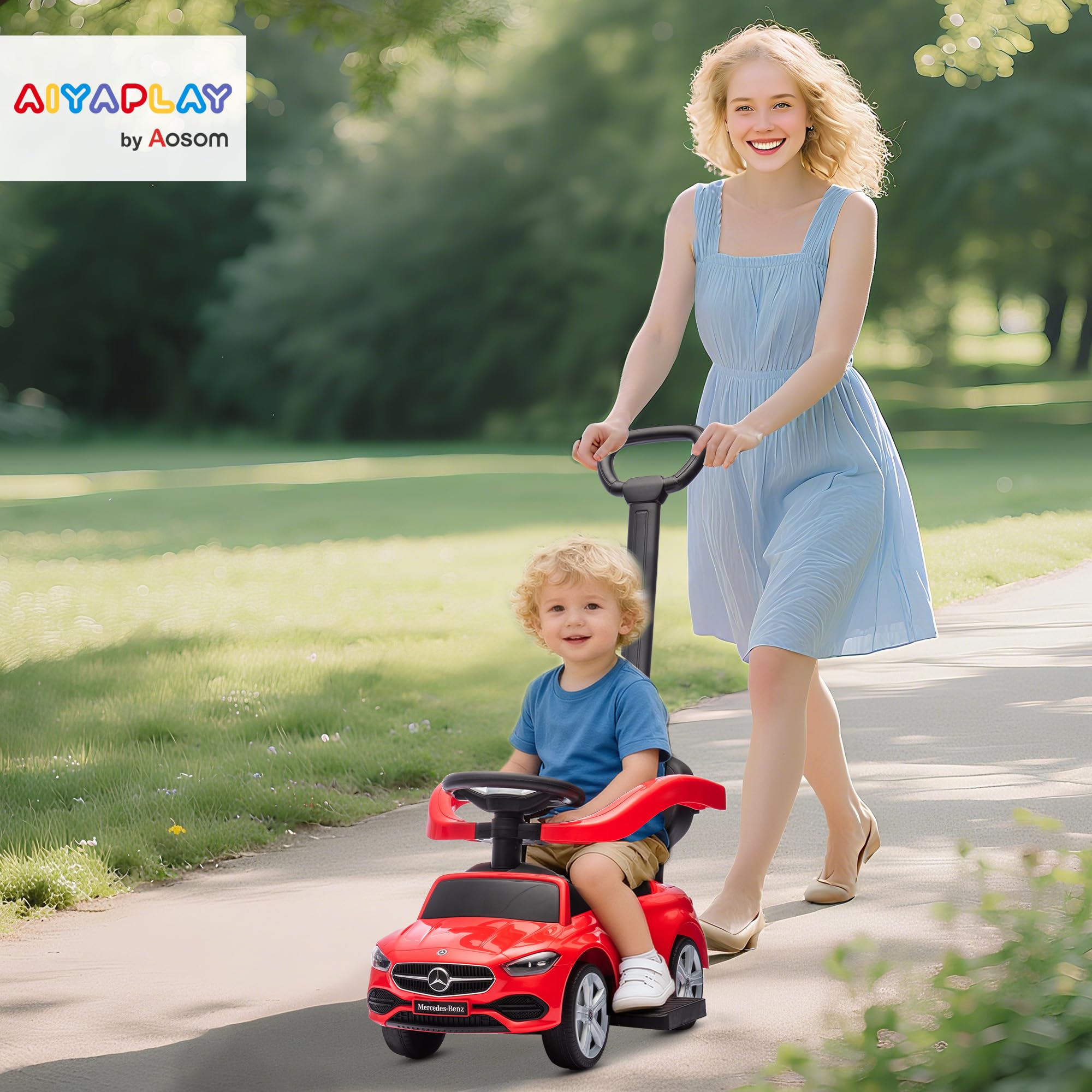 AIYAPLAY Portabebés Mercedes-Benz con Licencia, portabebés 2 en 1 con asa extraíble, pasamanos, Espacio para Guardar Cosas, claxon y Volante, para niños de 18 a 36 Meses, Rojo
