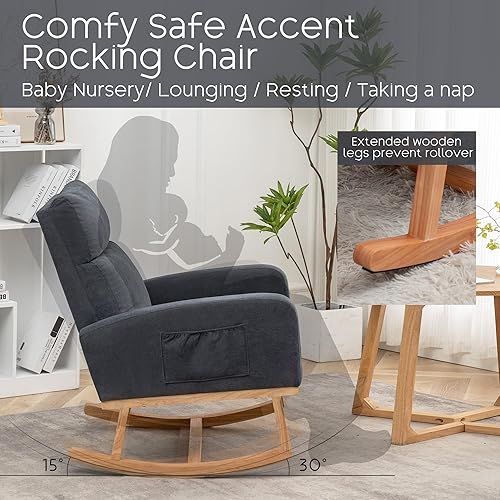 Miniatura 3 de Mecedora para habitación del bebé, sillas mecedoras modernas de franela con acento tapizado acolchado para interior, sala de estar, dormitorio, gris