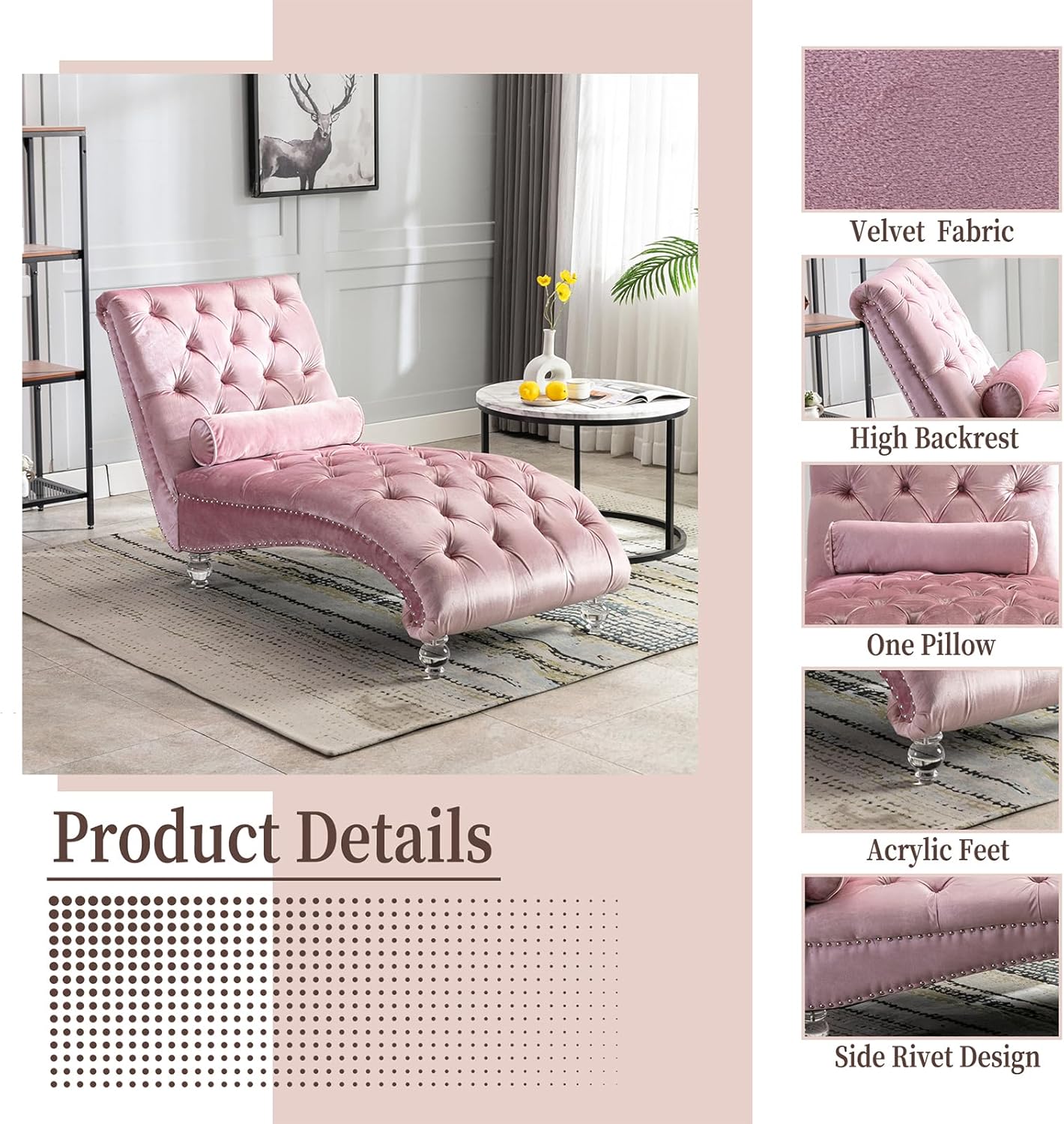 Chaise Lounge Chair Indoor Pink Velvet Upholstered Button Tufted Chaise Lounge Chair with Acrylic Legs and Lumbar Pillow, Leisure Recliner Single Lounge Sofa for Living Room, Bedroom Furniture