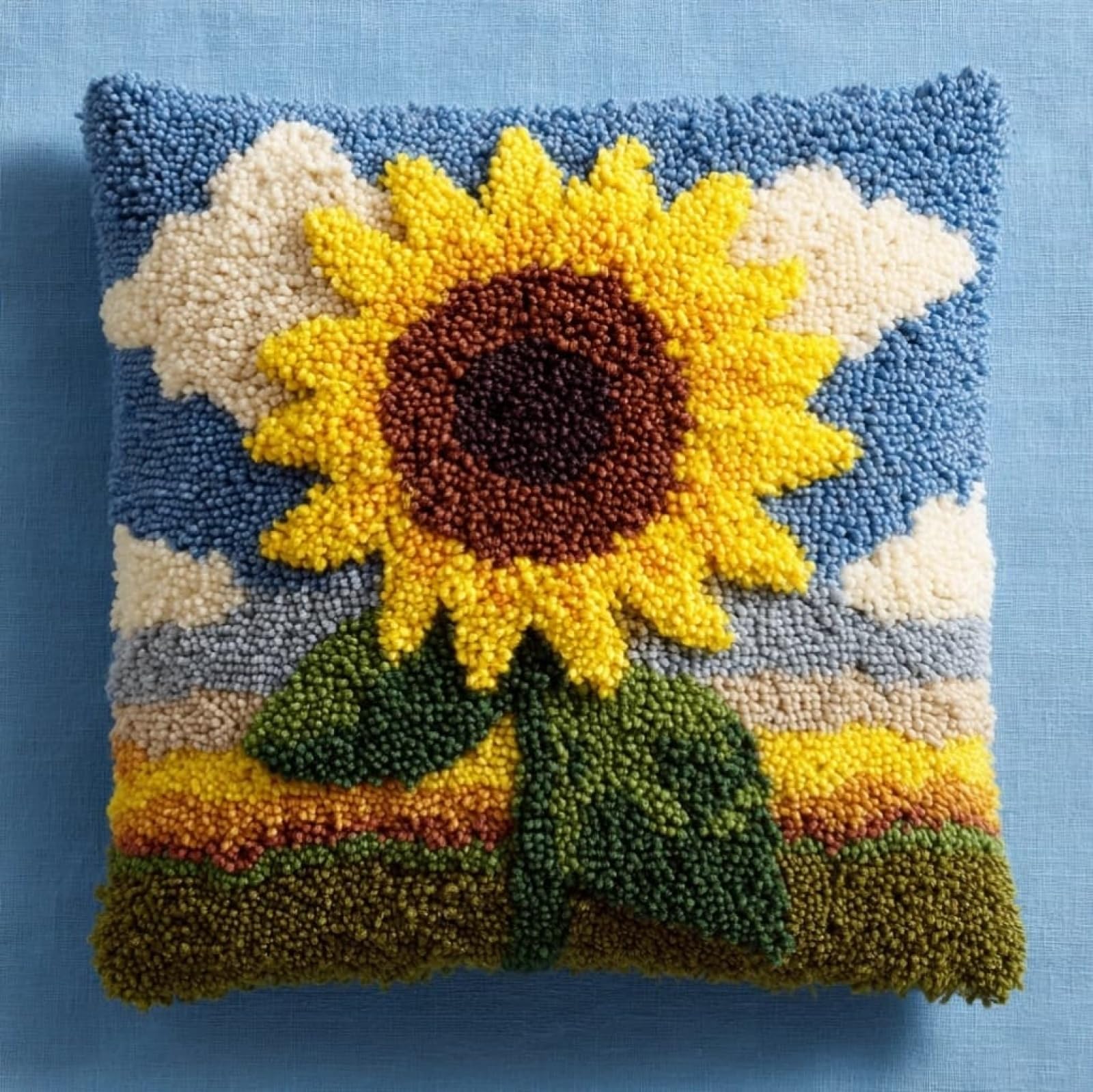 AxiangziK Handmade Latch Hook Cushion Kit 17x17 Inch,Sunflower Flowers Complete DIY Pillow Making Kit for Home Decor - Bedroom Throw Pillow Craft Gift