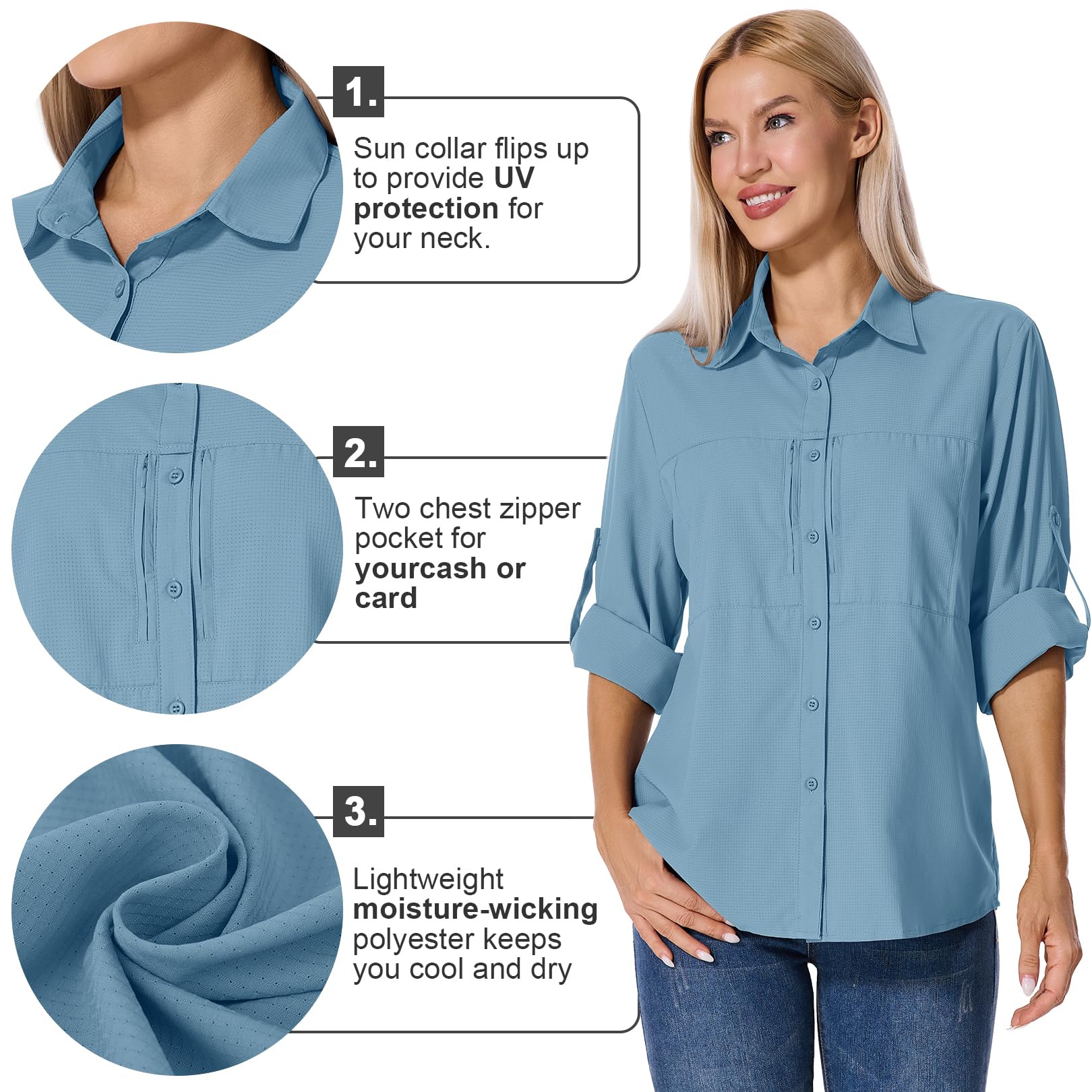 Shirts Damen UV Shirt UPF 50+ Safari Kleidung Wanderbluse Damen Hemdbluse Outdoor Atmungsaktiv Quick Dry Sonnenschutz Langarmshirt Bluse