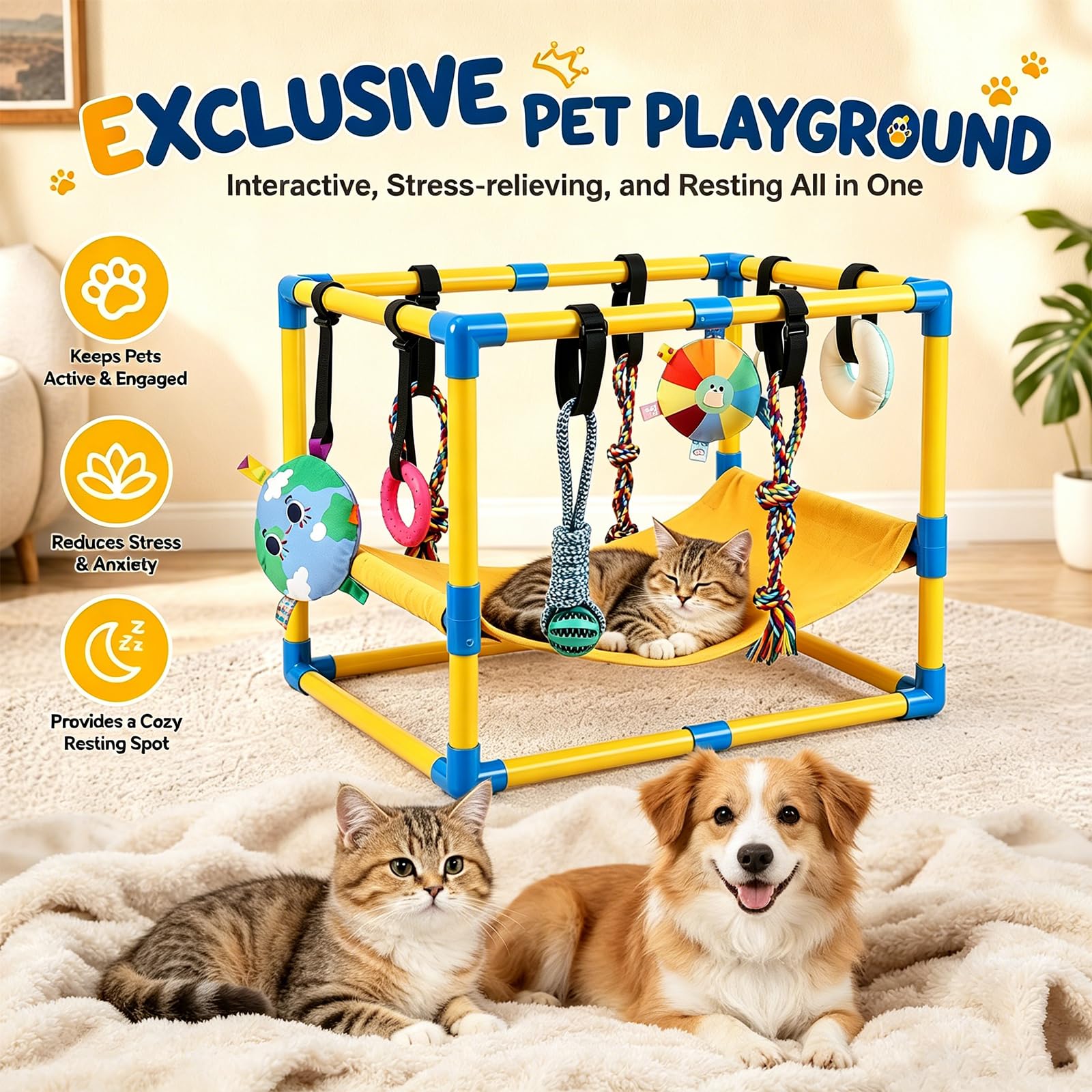 Parc de jeu pour chiots avec 8 jouets, aire de jeux jungle, aire de jeu pour chien avec cadre en PVC, salle de sport pour petits chiens, hamac pour divertissement pour l'entraînement et