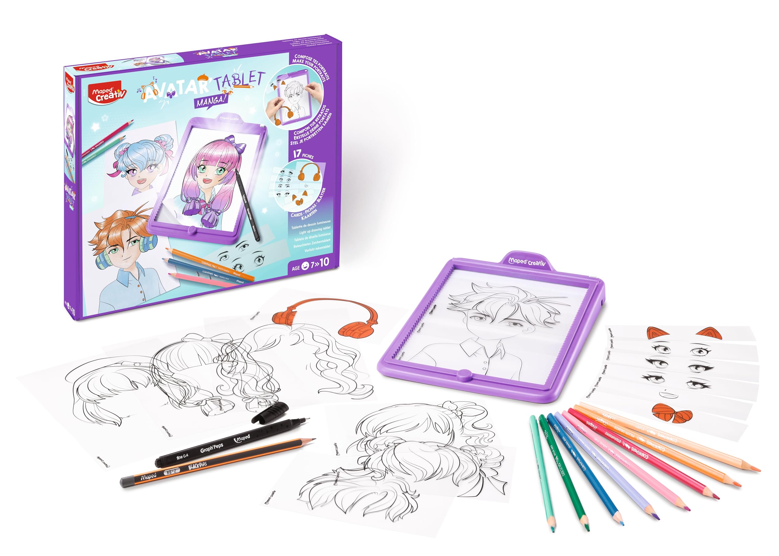 Maped Creativ Avatar'Tablet Manga - Macchina da disegno luminosa, per comporre ritratti Manga all'infinito, tavoletta luminosa con schede, modelli e materiali da disegno, a partire dai 7 anni