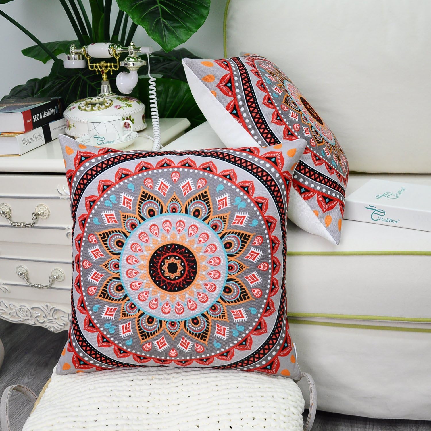 CaliTime Pack of 2 Soft Canvas Throw Pillow Covers Cases for Couch Sofa Home Decor Retro Mandala Pattern Compass Medallion 18 X 18 Inches