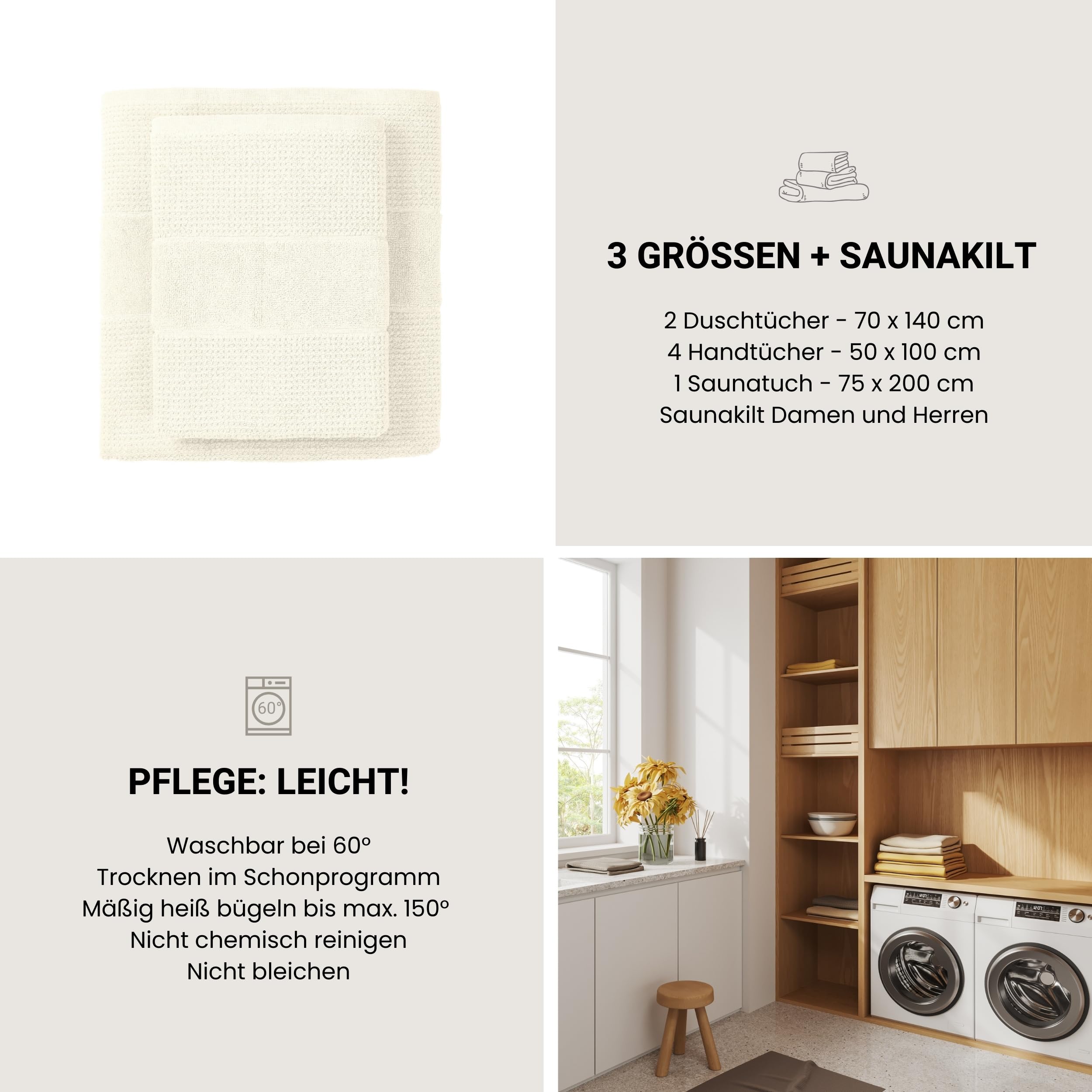 Schiesser Handtuchset Turin | Frottier | 4-teilig | Reiskornoptik | 100% Baumwolle | flauschig, saugstark, farbecht | Oeko-Tex® Made in Green Zertifiziert | Kordelaufhänger | 50x100cm | Offwhite