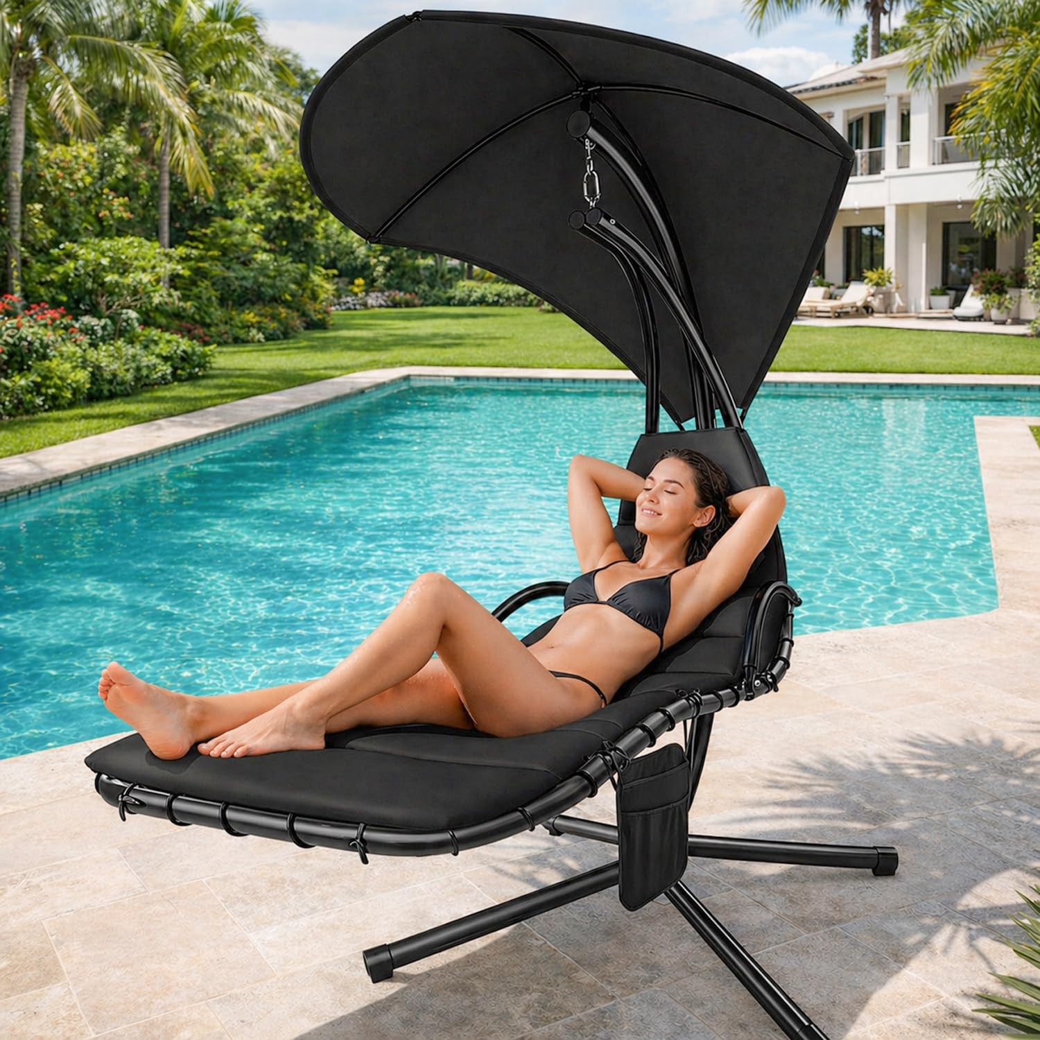 Sdraio Sospesa Con Ombrellone Parasole Integrato E Cuscino Imbottito Ergonomica Amaca Da Giardino In Acciaio E Poliestere Per Esterno Terrazzo E Bordo Piscina 195 x 132 x 197 Cm Nero