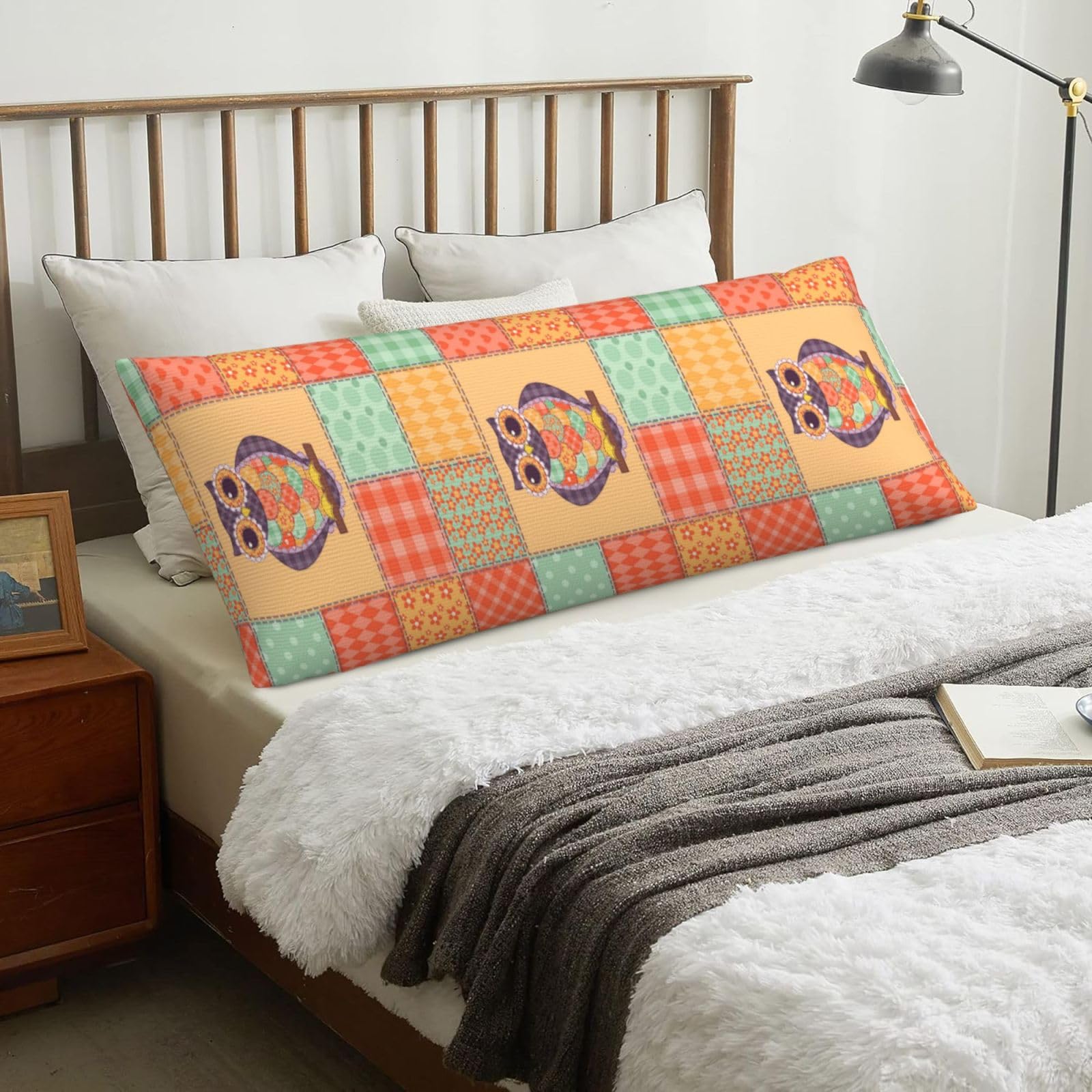 Colored Patchwork Owl, Body Pillow Cover with Zipper,Long Body Pillowcase 20 x 60 in