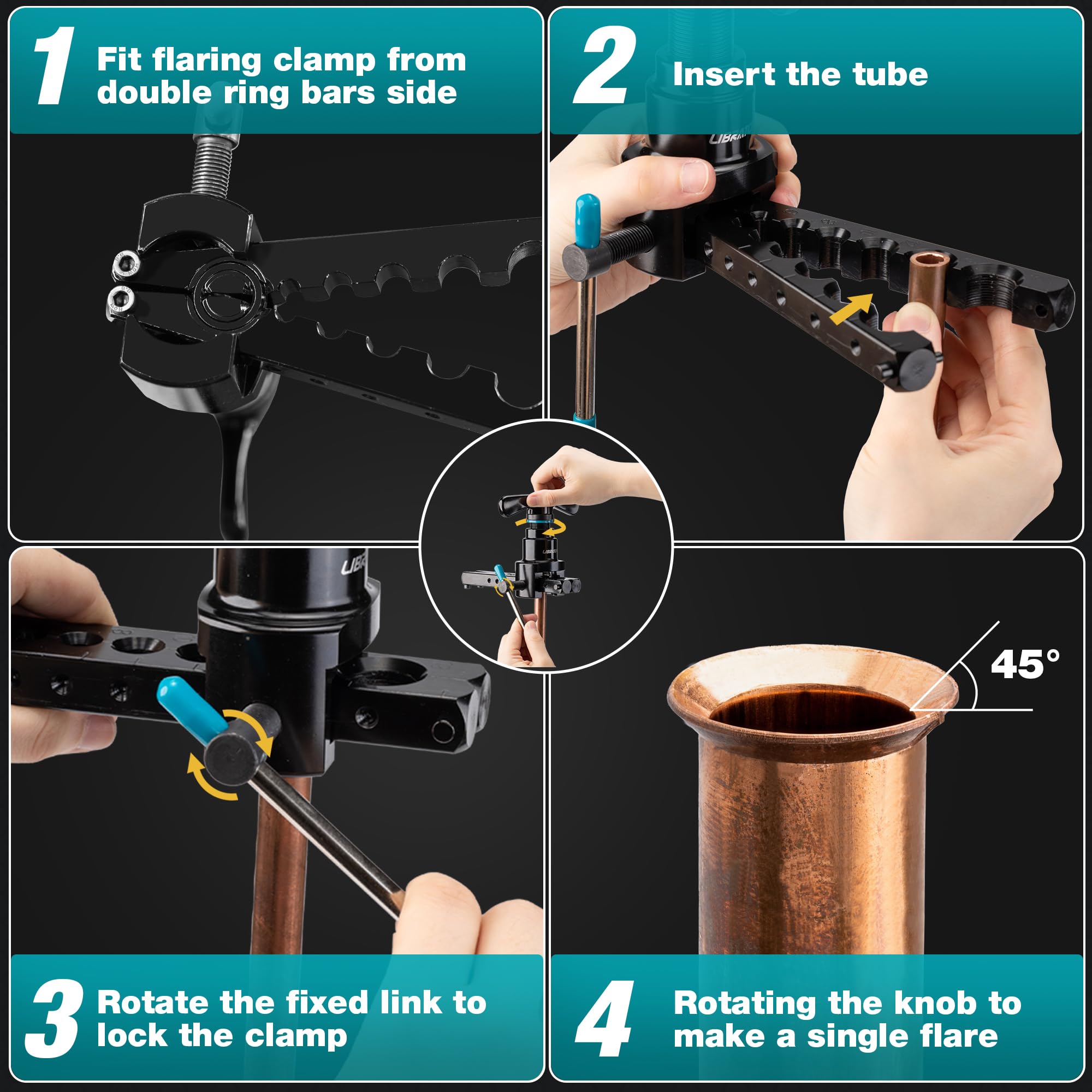 LIBRATON Herramienta de Abocardado Simple, 1/4" a 3/4" y de 6 a 19mm, Abocardadora HVAC con Excéntrica de 45° para Tubos Cobre y Aluminio, Cortatubos y Desbarbador, Kit de Abocardado con Caja