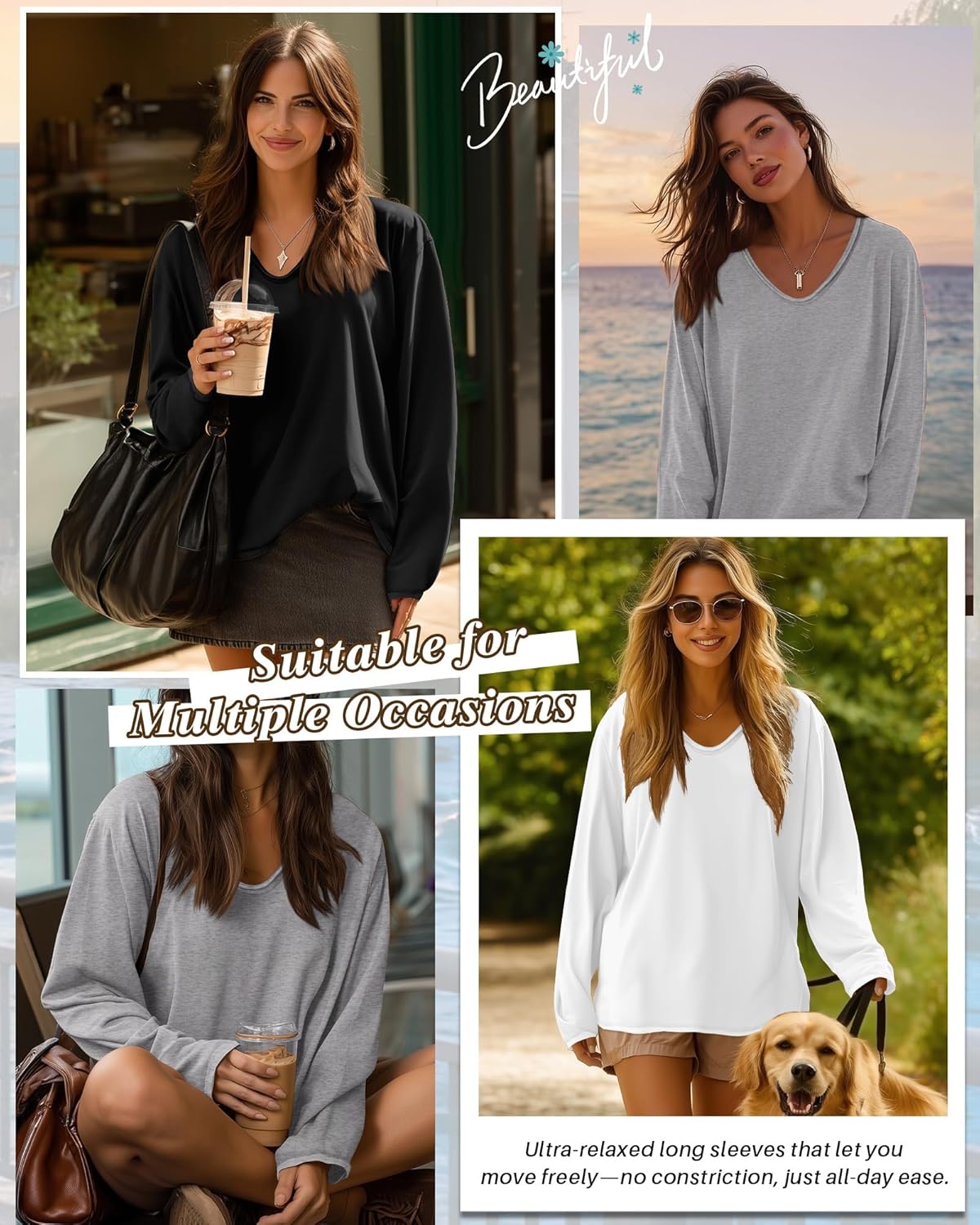 3 Pack Women's Oversize Tops, Long Sleeve Cotton Shirts V Neck Basic Unfinished Edge Tees Casual Loose Fall Tops - Image 5