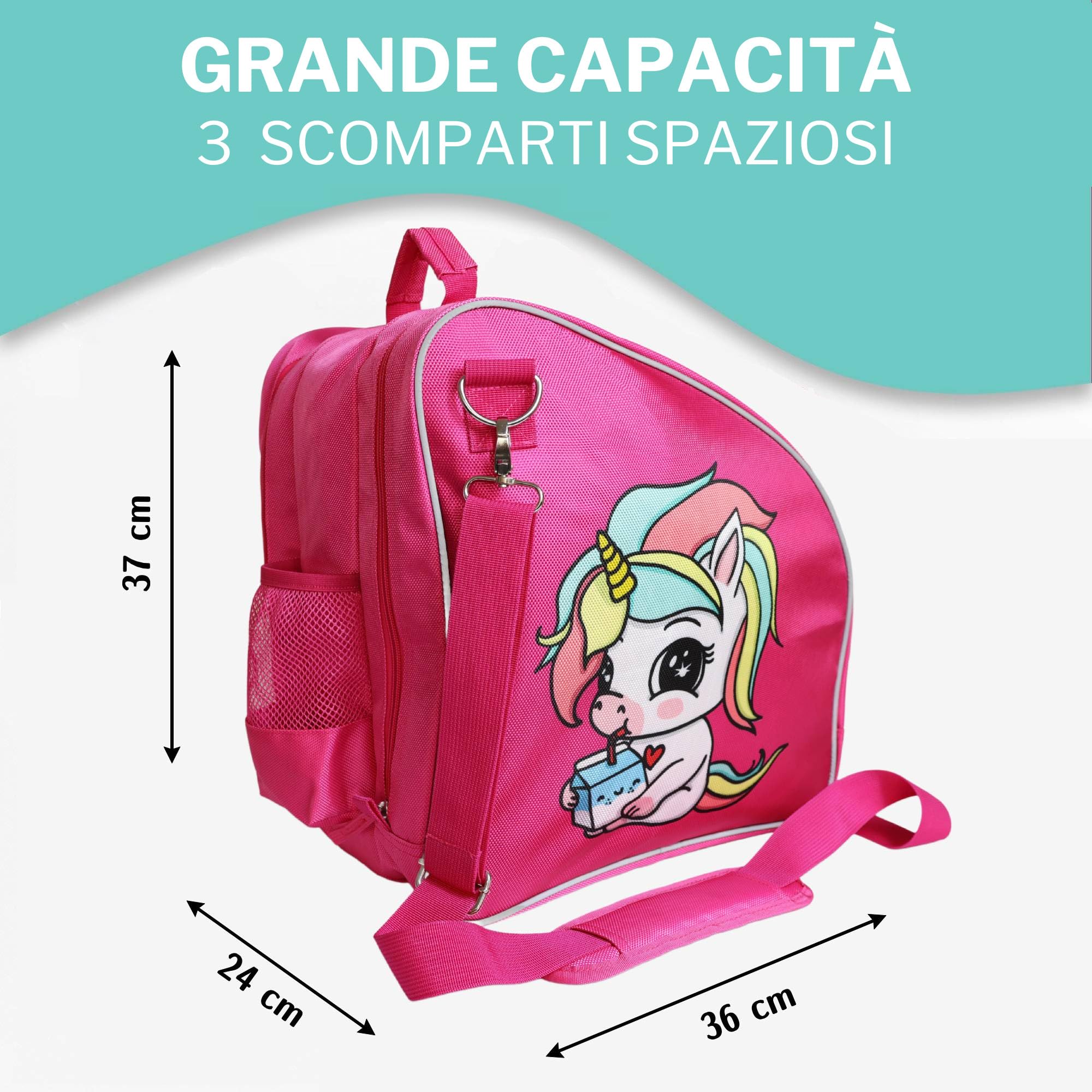 Borsa per Pattini Bambina | Pattini a Rotelle e In Linea | Sacca Resistente e Regolabile | Tasche Capienti e Traspirante | Design Colorato e Riflettente