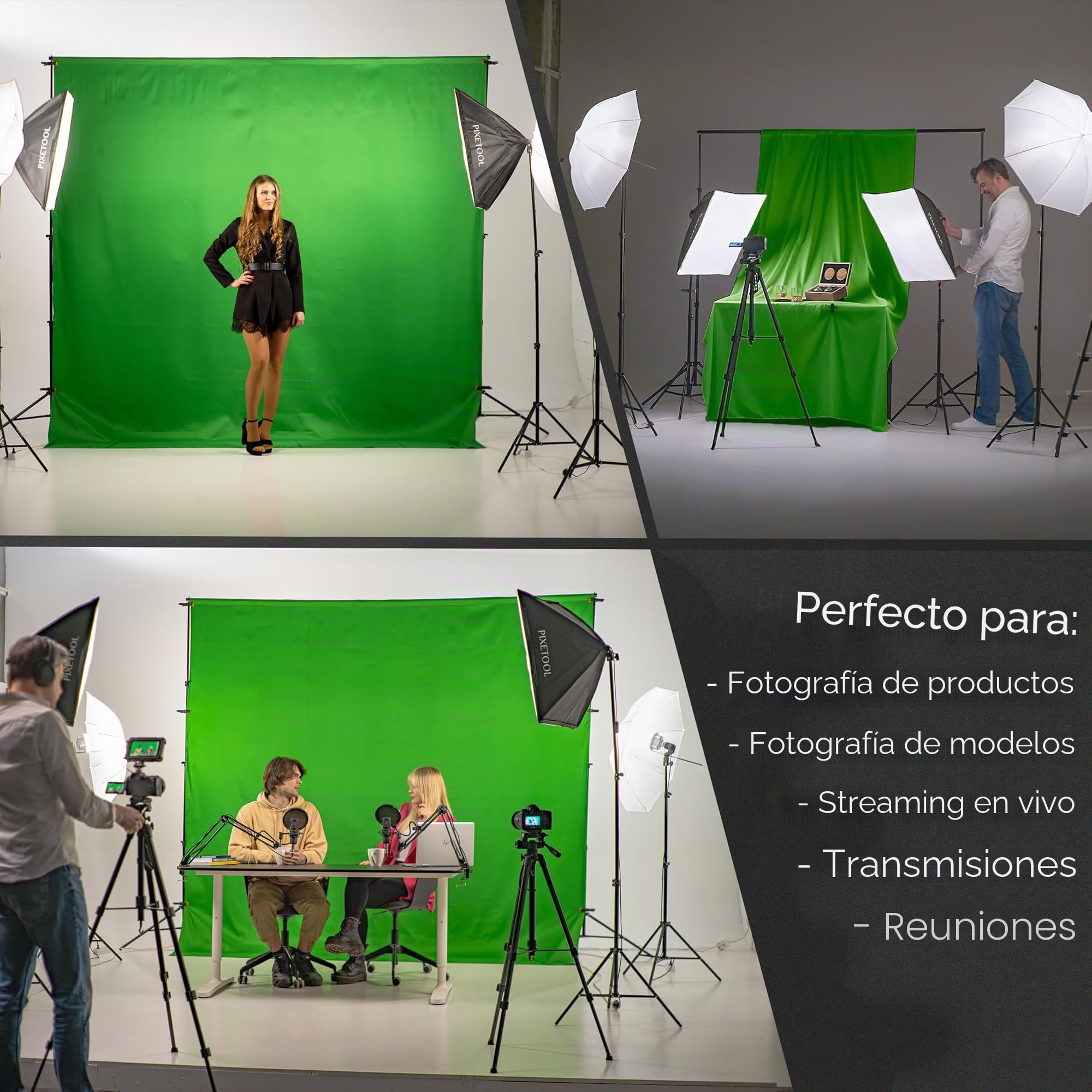 Green Screen (3m x 3m) con Soporte (3m x 2,6m) - Croma Verde | Fondo Fotografia - Estudio Fotográfico - Pantalla Verde - Greenscreen con Soporto - Accesorios Fotografia Gaming Streaming