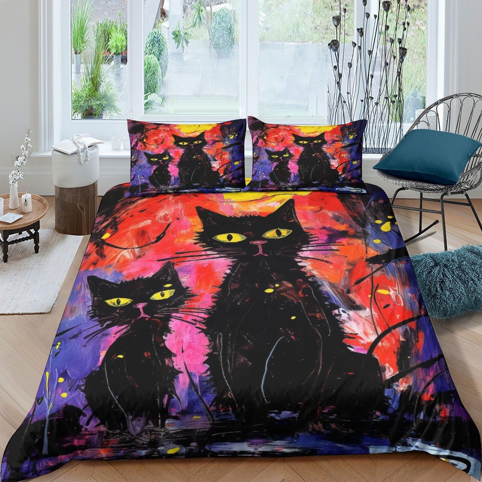 Housse de couette 3D chat peinture à l'huile 3 pièces avec fermeture éclair