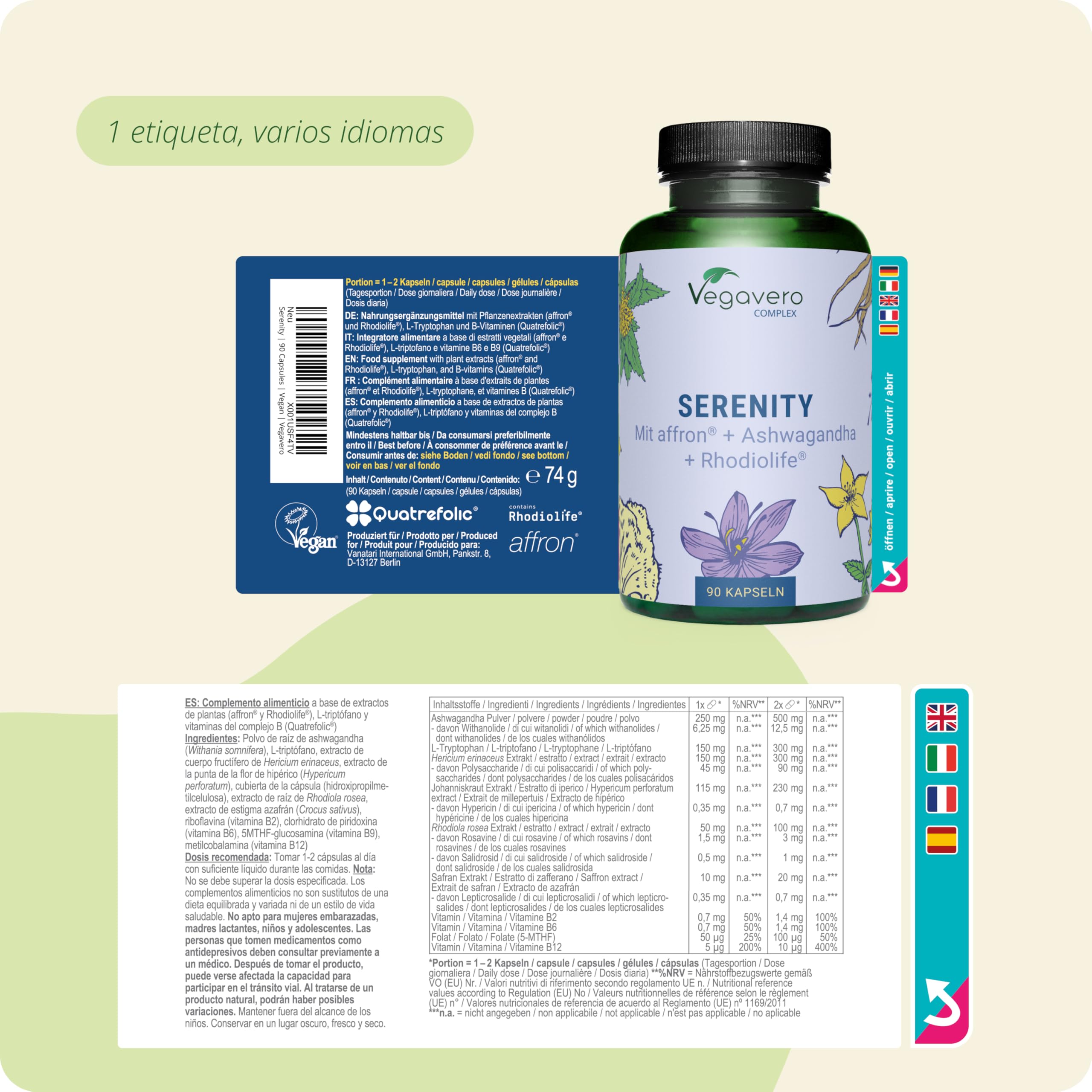 Suplemento RELAJANTE | Con Ashwagandha + L-Triptofano + Rhodiola + Hipérico | Para Stress y Concentracion | Vitaminas B | Sin Aditivos | Vegano | Vegavero