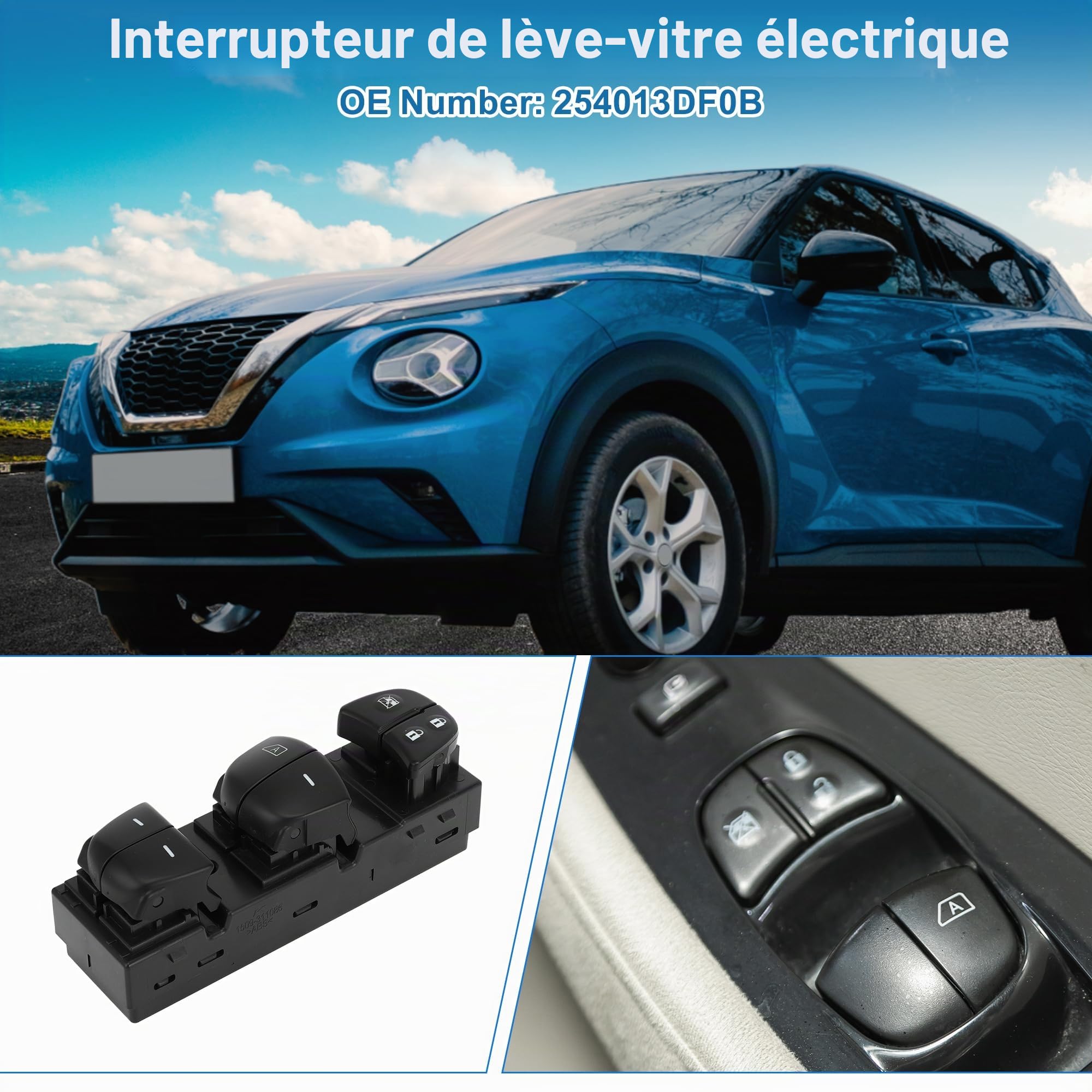 A ABSOPRO Interrupteur De Vitre Électrique Pour Nissan Juke 11-17 1 PC | Noir, Plastique & Métal, Côté Conducteur Avant Gauche, Verrouillage/Déverrouillage Portes Et Commande Vitres, OE 254013DF0B
