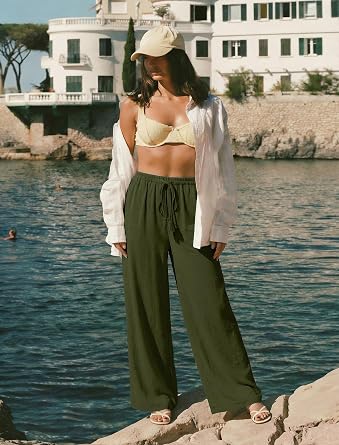 LOOKBOHO Women's Wide Leg Pants High Waisted Drawstring Loose Palazzo Pant Trendy Casual Flowy Beach Trousers with Pockets