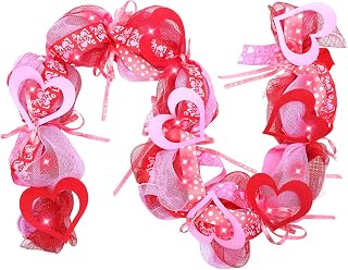 Riceshoot 6 ft Artificial Valentine s Day Garland with LED Lights for Mantle Battery Operated Heart Valentines Garland with Red Pink Ribbon for Front Door Fireplace Table Centerpiece Outdoor Decor